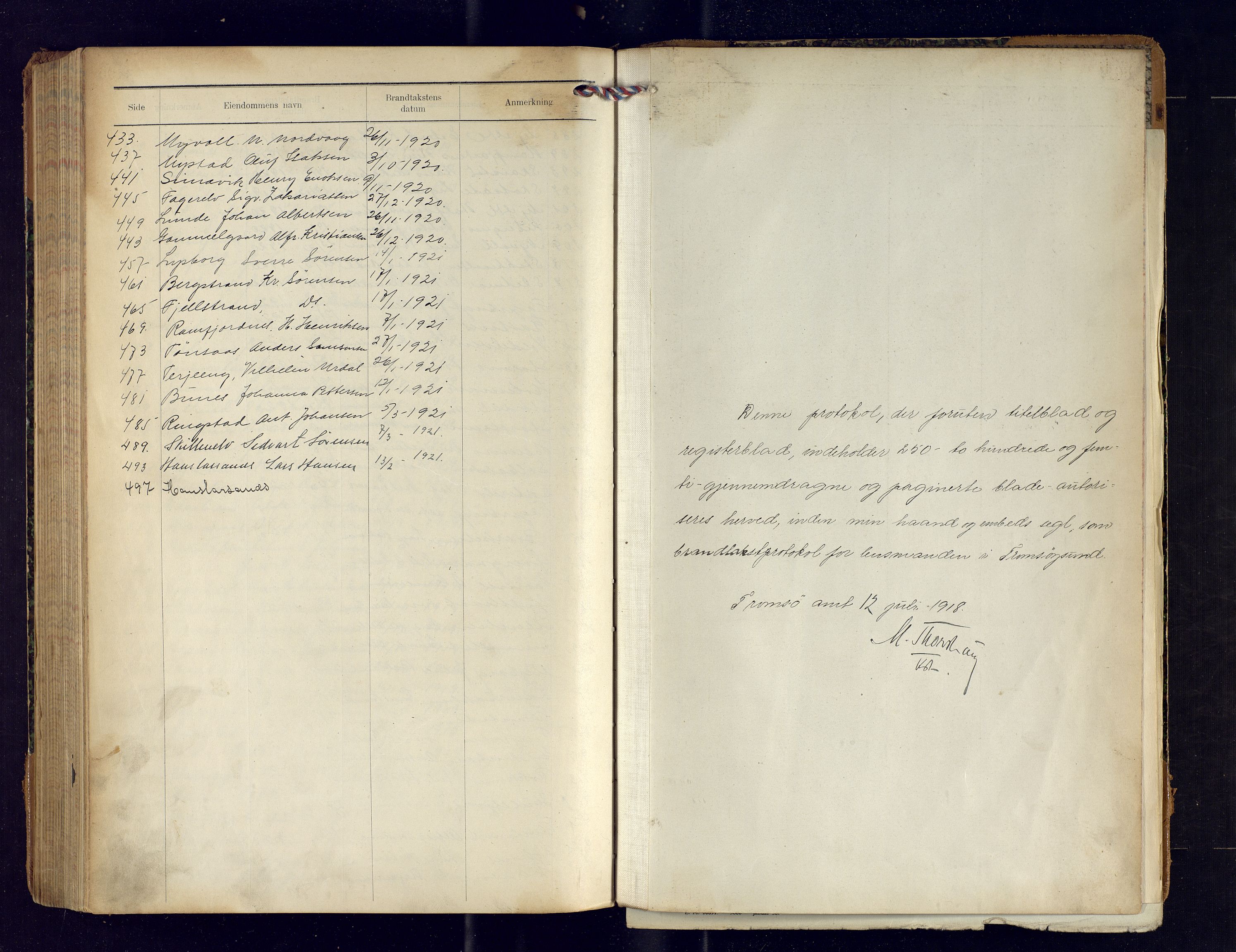 Tromsøysund lensmannskontor, AV/SATØ-SATØ-12/F/Fs/Fsb/L0744: Branntakstprotokoll (S). Med register, 1918-1921