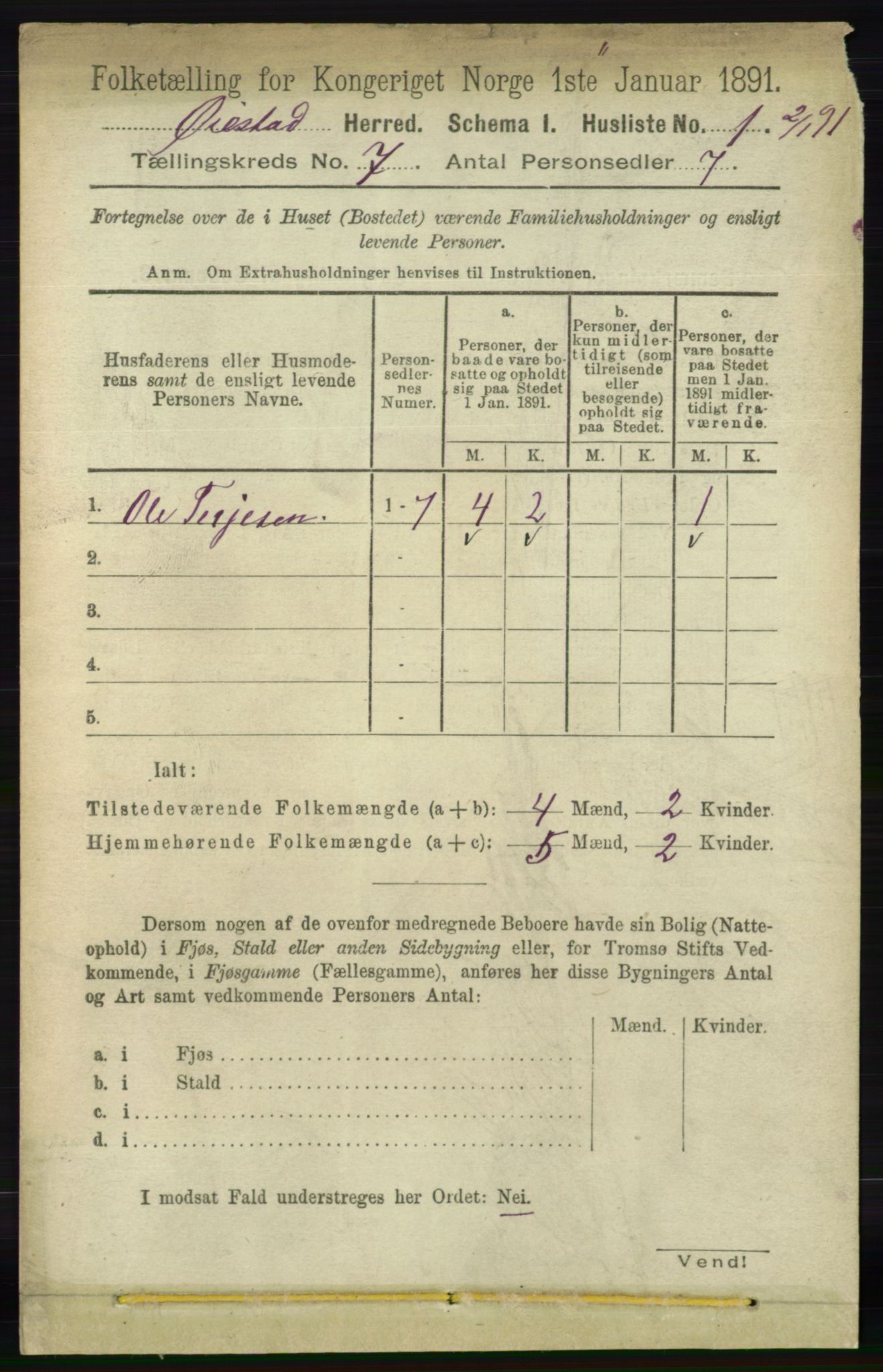 RA, 1891 census for 0920 Øyestad, 1891, p. 2567