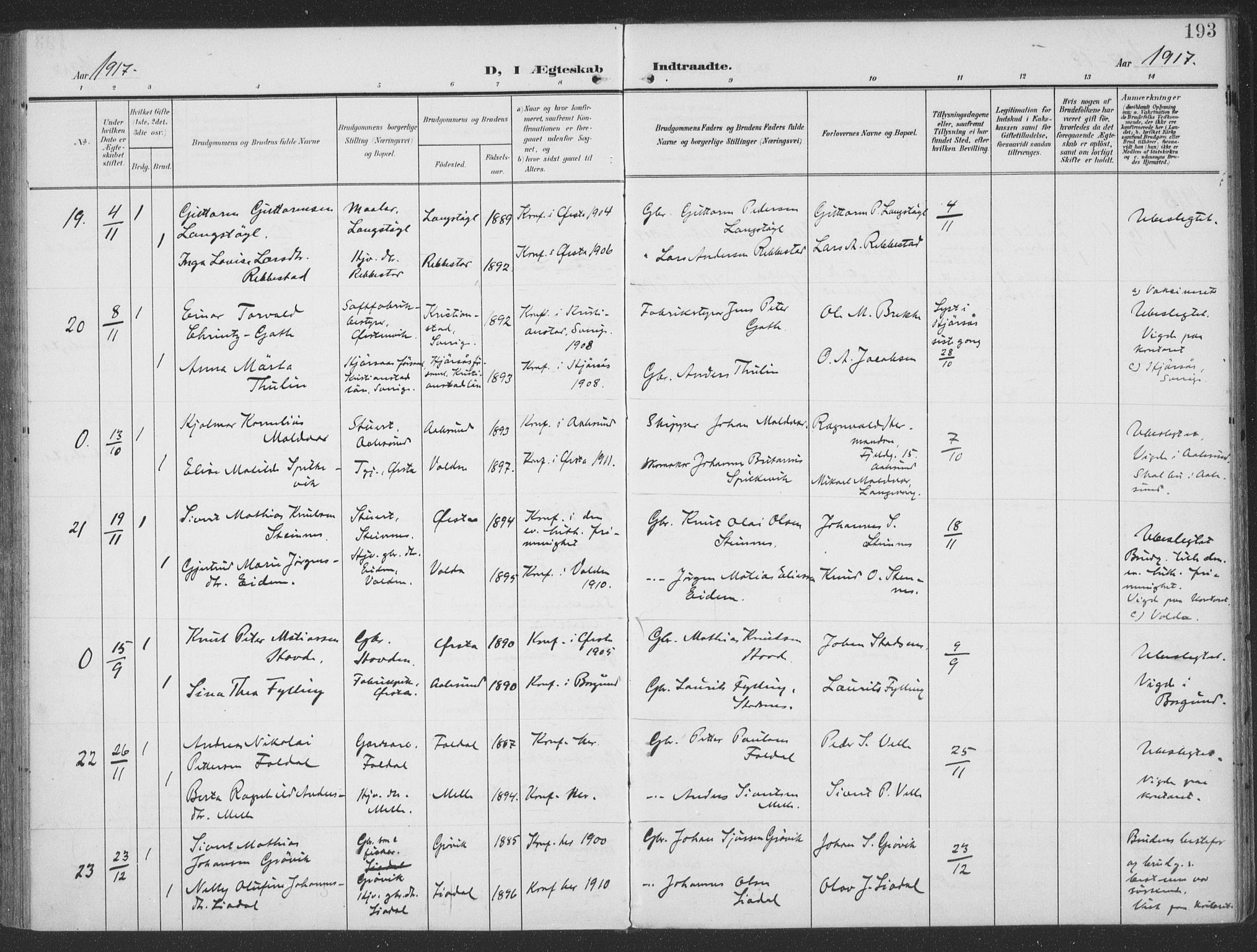 Ministerialprotokoller, klokkerbøker og fødselsregistre - Møre og Romsdal, SAT/A-1454/513/L0178: Parish register (official) no. 513A05, 1906-1919, p. 193