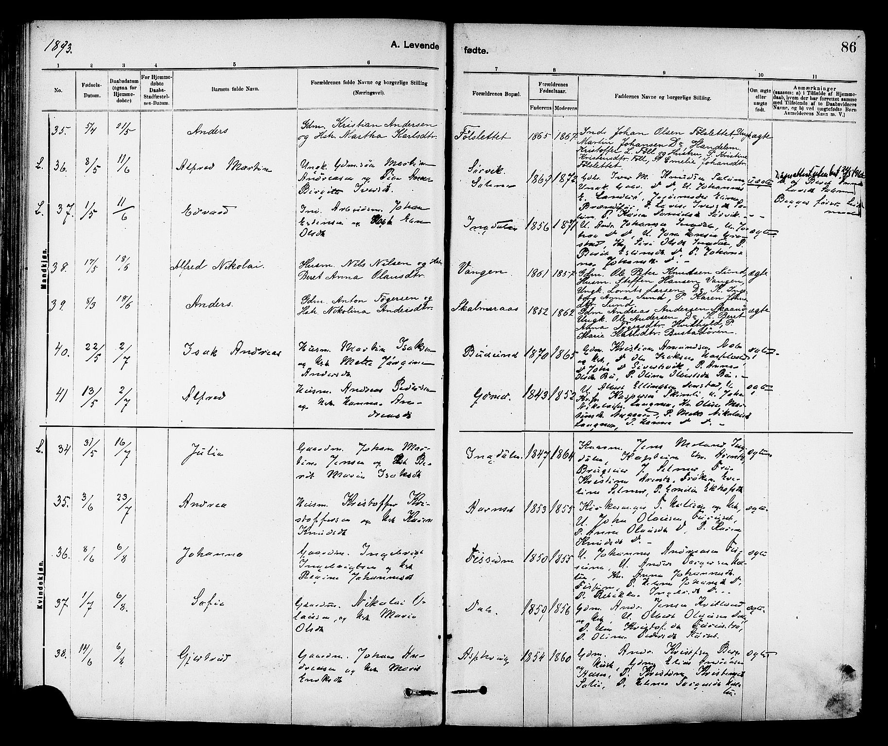 Ministerialprotokoller, klokkerbøker og fødselsregistre - Sør-Trøndelag, AV/SAT-A-1456/647/L0634: Parish register (official) no. 647A01, 1885-1896, p. 86