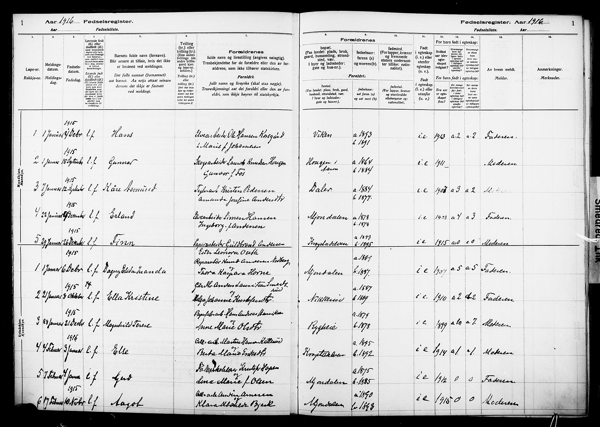 Nedre Eiker kirkebøker, AV/SAKO-A-612/J/Ja/L0001: Birth register no. 1, 1916-1925, p. 1