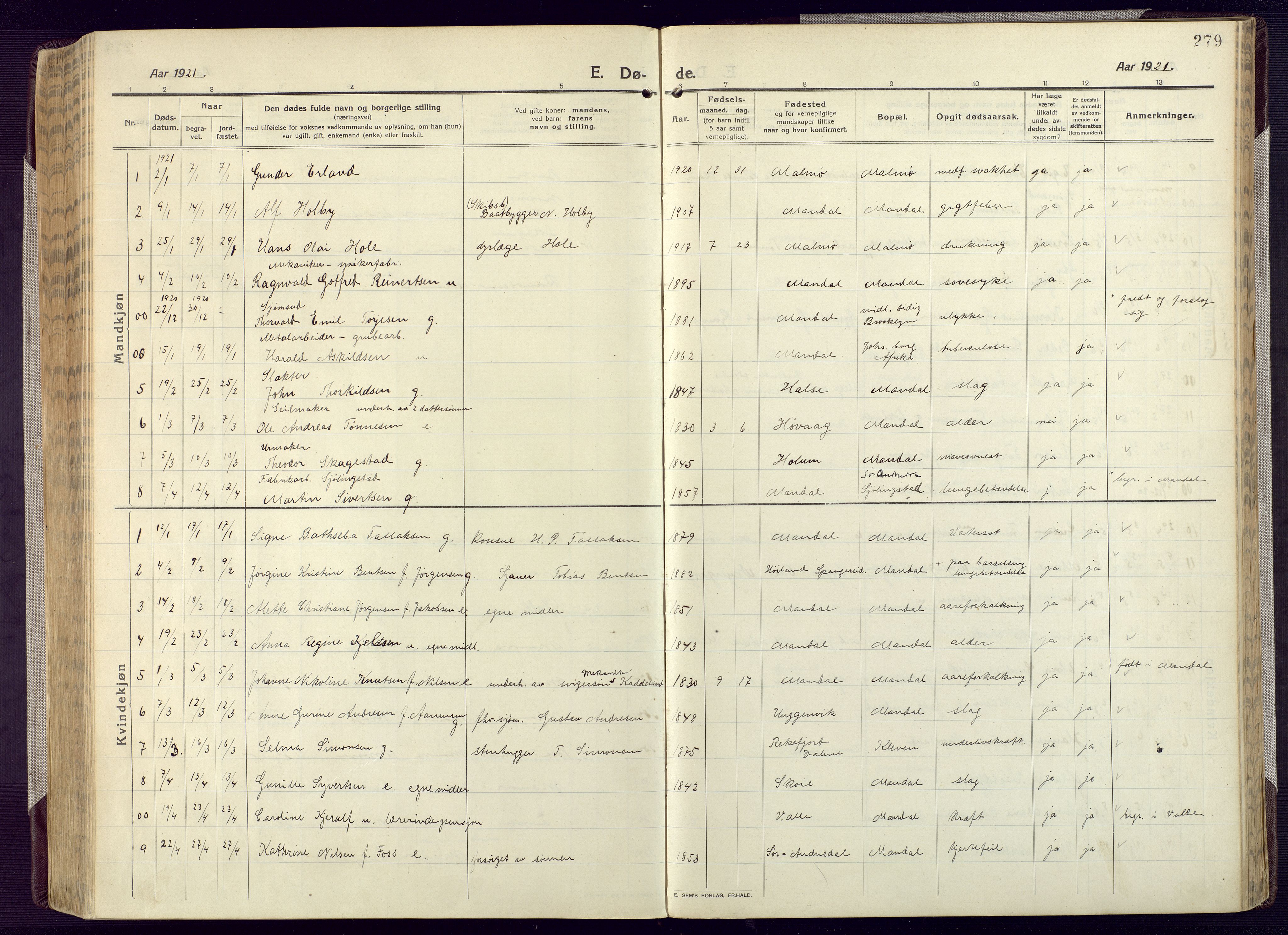 Mandal sokneprestkontor, SAK/1111-0030/F/Fa/Fac/L0001: Parish register (official) no. A 1, 1913-1925, p. 279