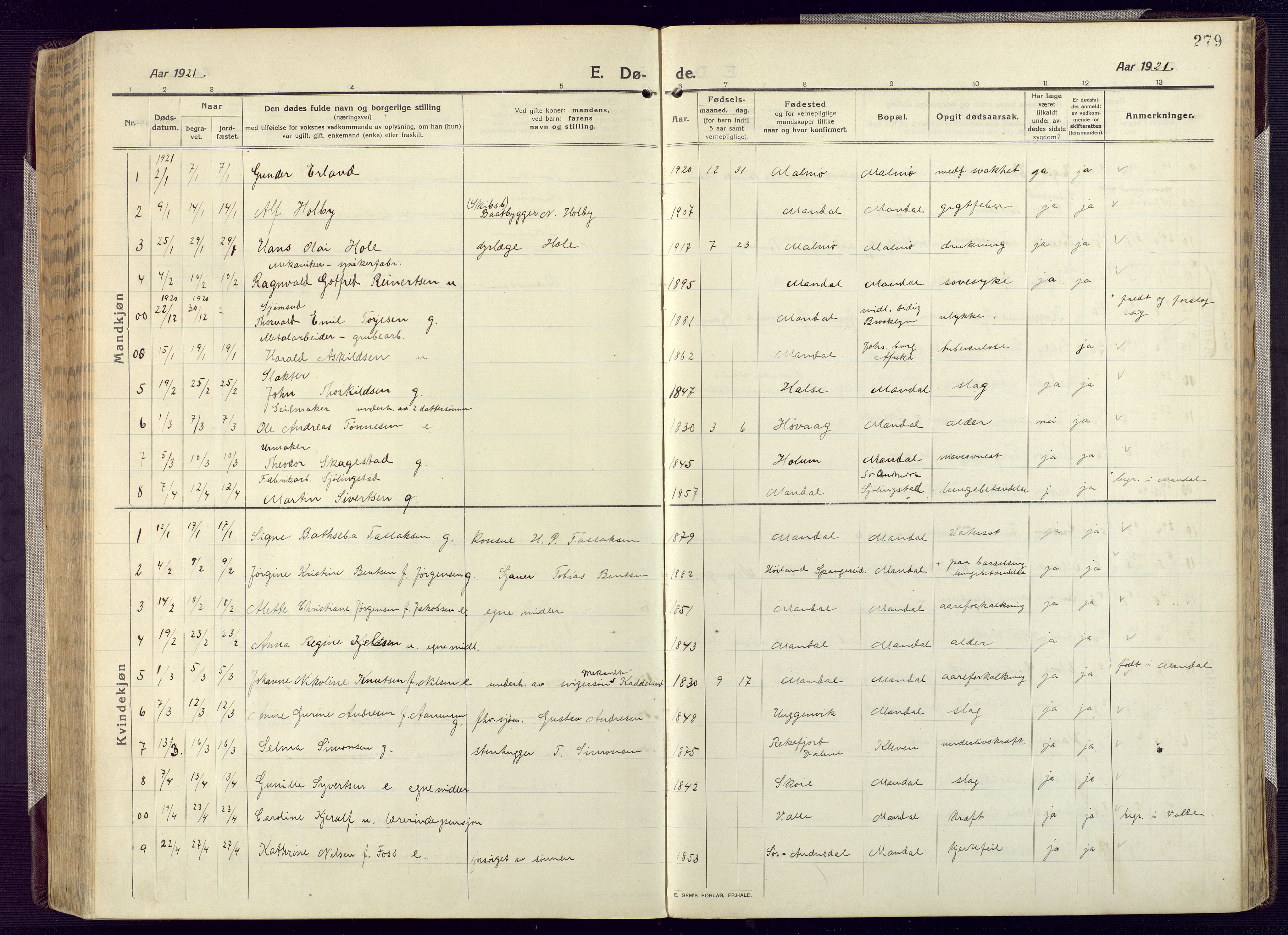 Mandal sokneprestkontor, AV/SAK-1111-0030/F/Fa/Fac/L0001: Parish register (official) no. A 1, 1913-1925, p. 279