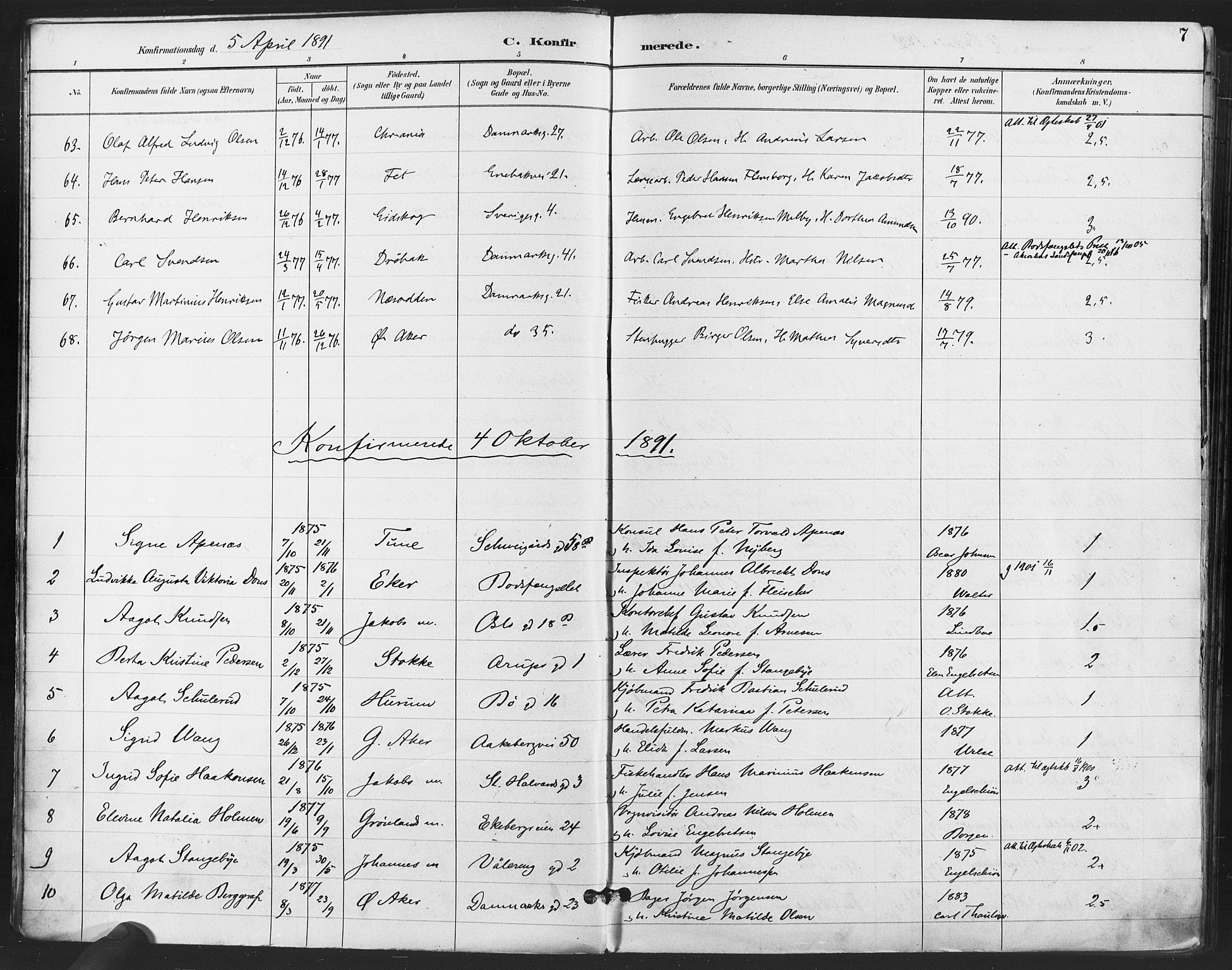 Gamlebyen prestekontor Kirkebøker, SAO/A-10884/F/Fa/L0008: Parish register (official) no. 8, 1891-1908, p. 7