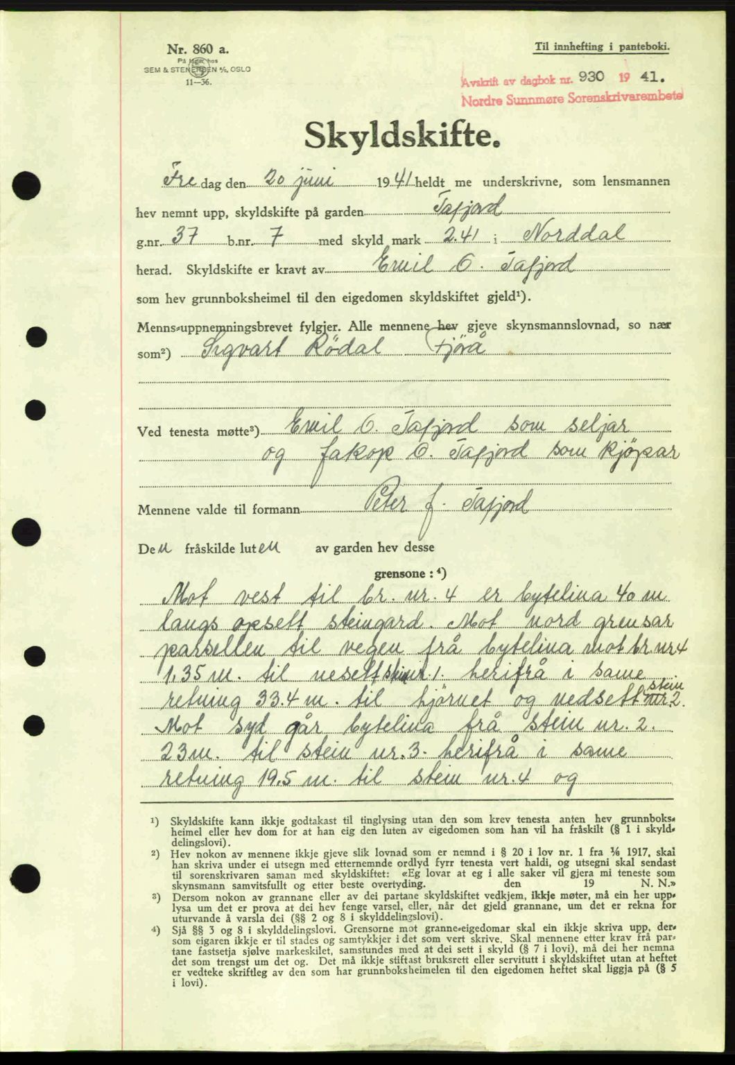 Nordre Sunnmøre sorenskriveri, AV/SAT-A-0006/1/2/2C/2Ca: Mortgage book no. A11, 1941-1941, Diary no: : 930/1941