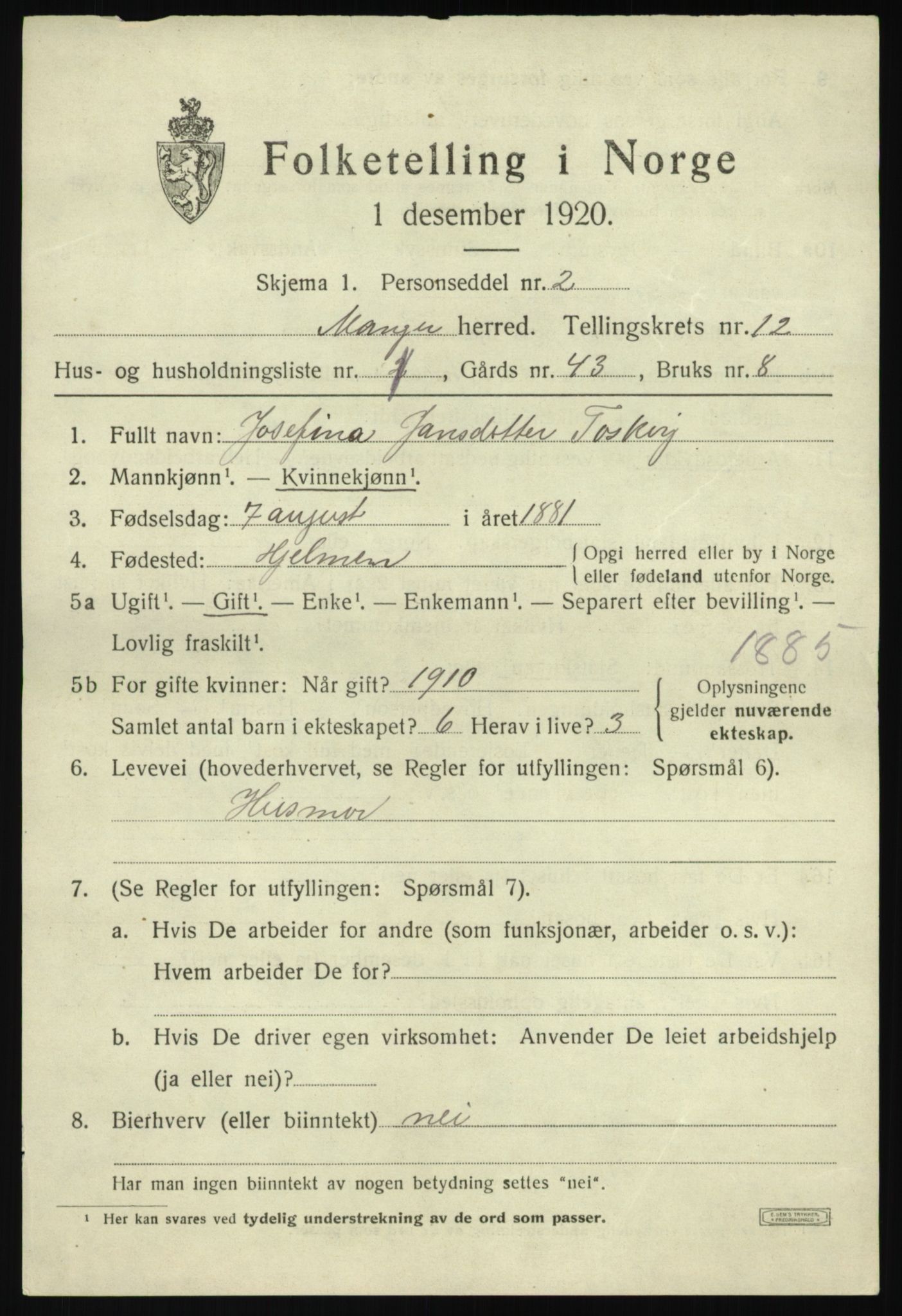 SAB, 1920 census for Manger, 1920, p. 7466