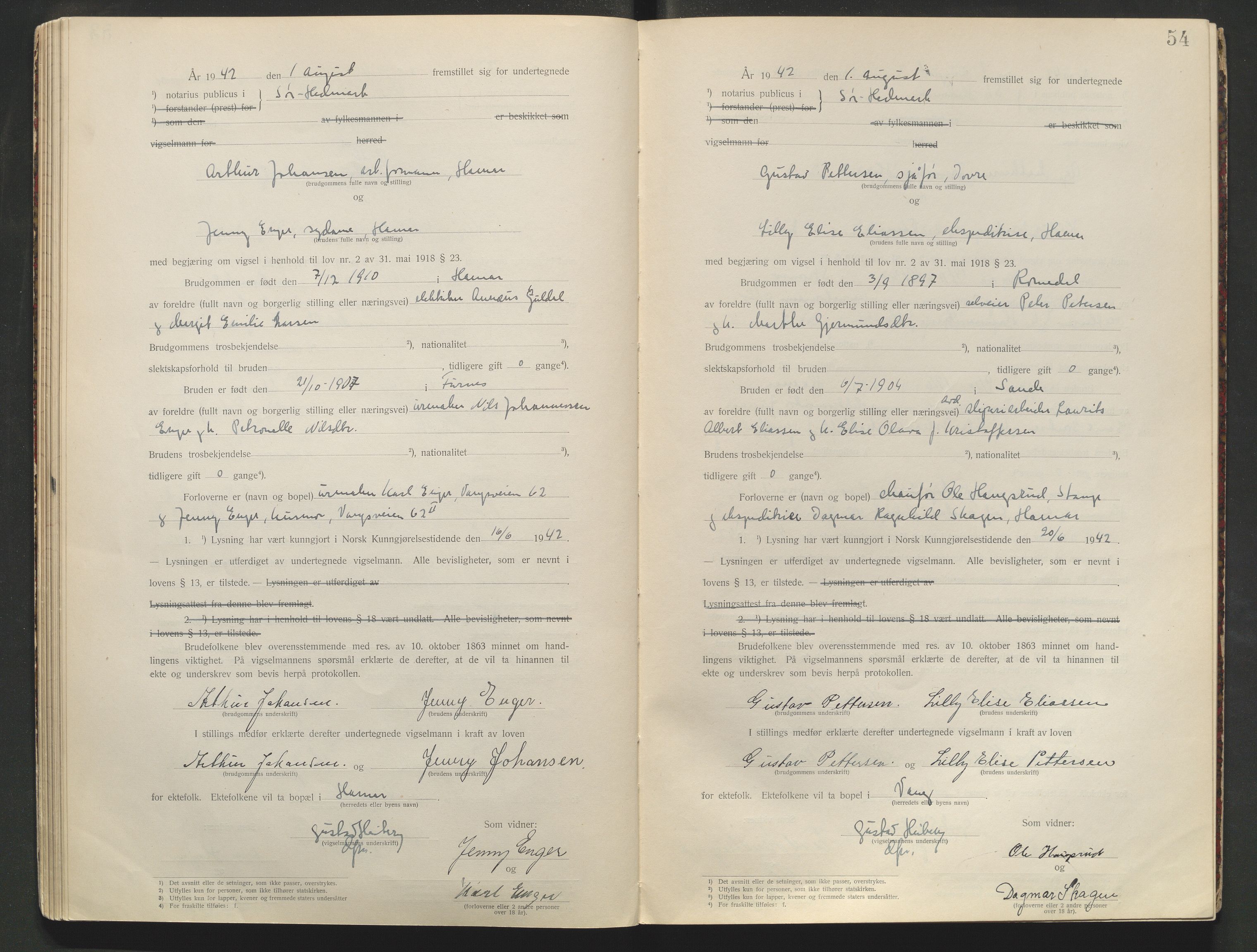 Sør-Hedmark sorenskriveri, AV/SAH-TING-014/L/Le/L0001/0002: Vigselbøker / Vigselbok, 1938-1942, p. 54