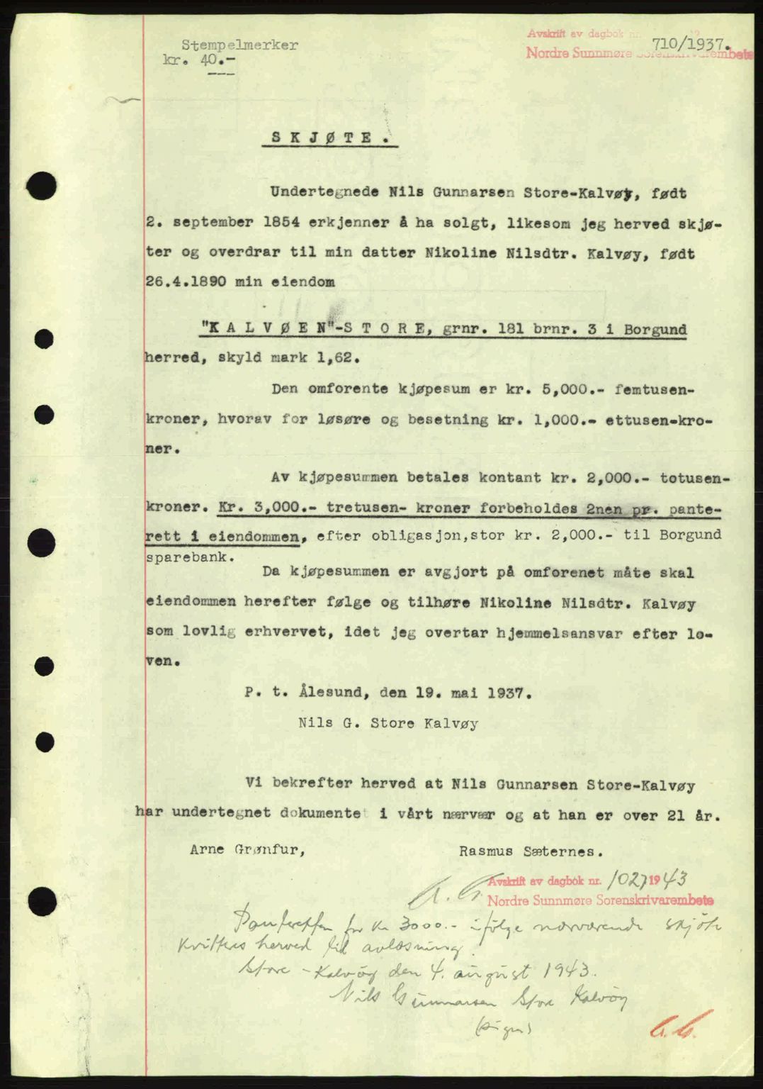 Nordre Sunnmøre sorenskriveri, AV/SAT-A-0006/1/2/2C/2Ca: Mortgage book no. A2, 1936-1937, Diary no: : 710/1937