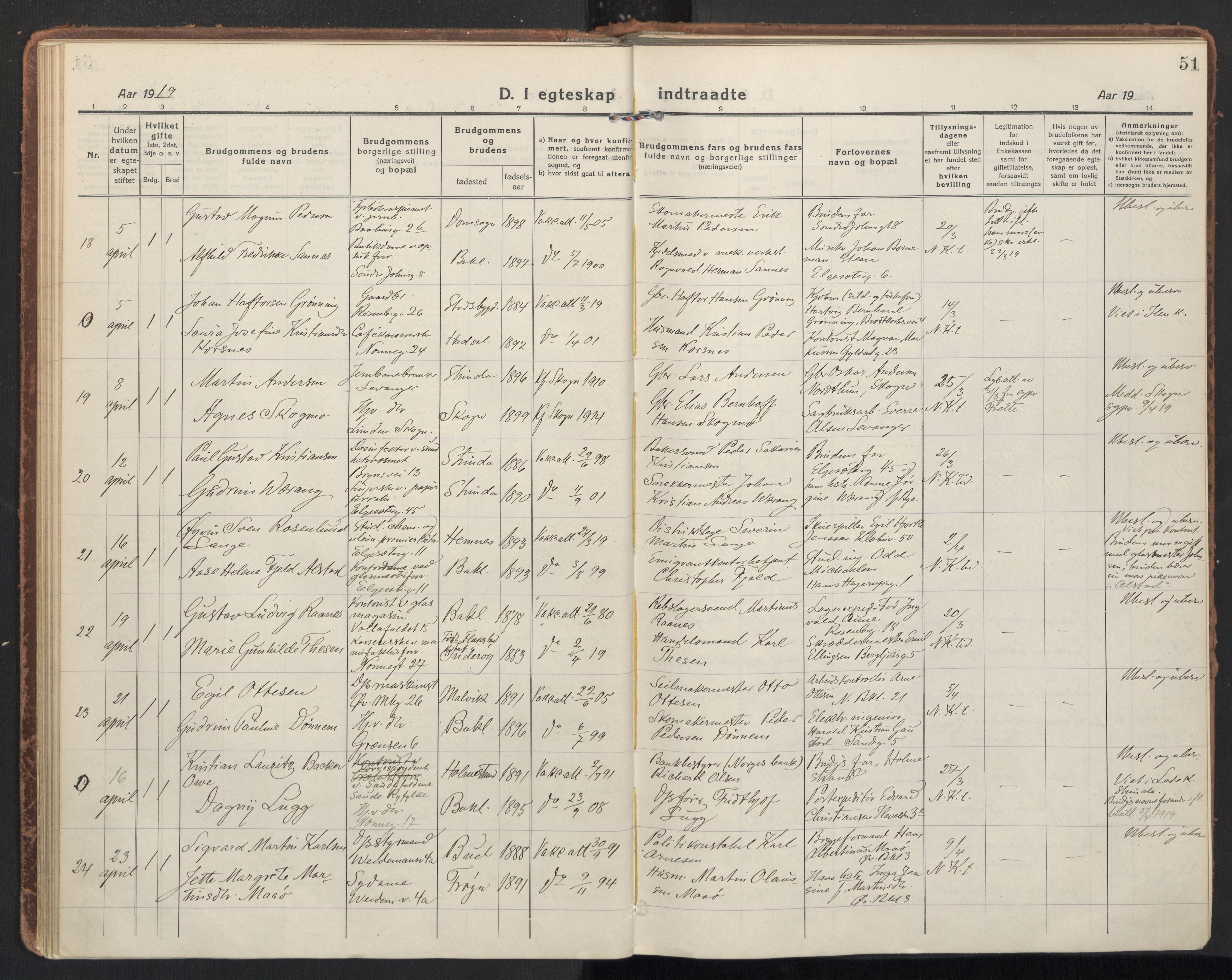 Ministerialprotokoller, klokkerbøker og fødselsregistre - Sør-Trøndelag, AV/SAT-A-1456/604/L0206: Parish register (official) no. 604A26, 1917-1931, p. 51