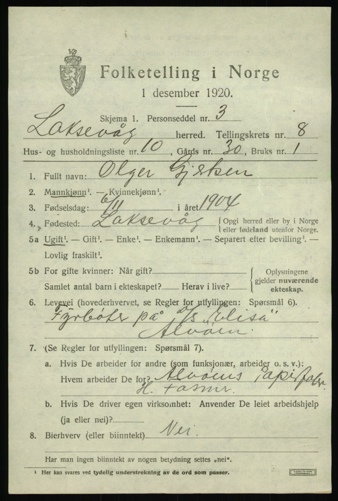 SAB, 1920 census for Laksevåg, 1920, p. 18762