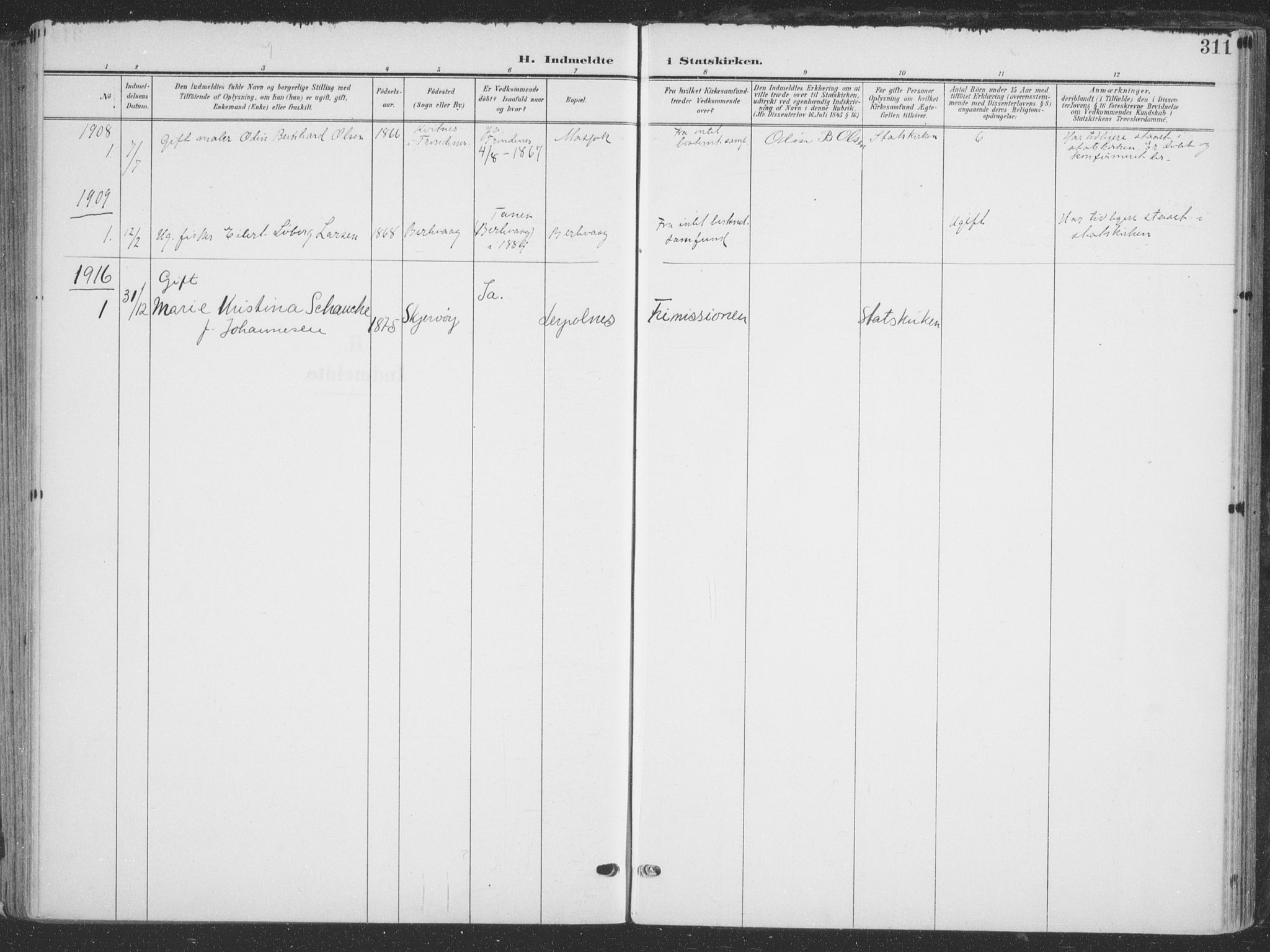 Tana sokneprestkontor, AV/SATØ-S-1334/H/Ha/L0007kirke: Parish register (official) no. 7, 1904-1918, p. 311