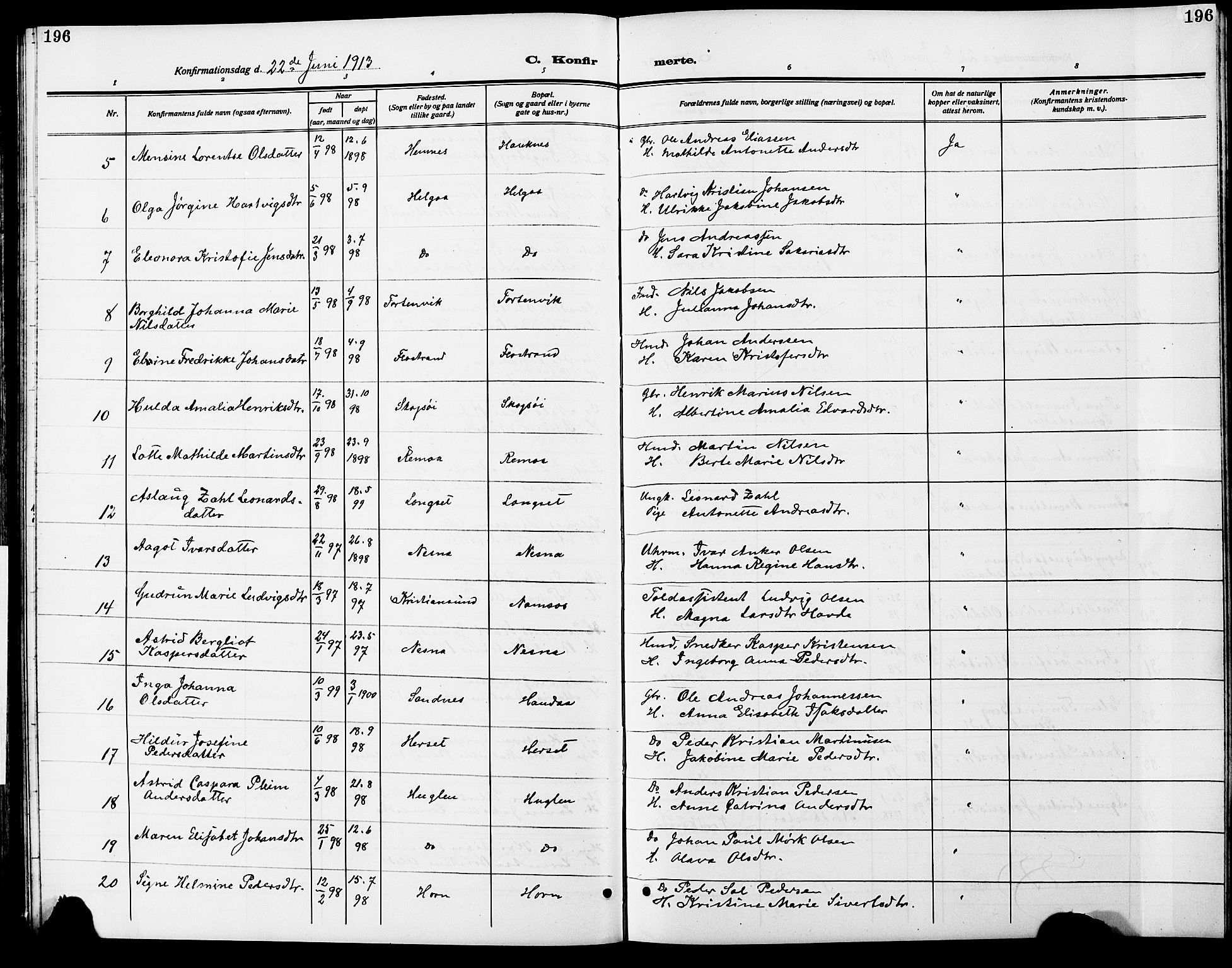 Ministerialprotokoller, klokkerbøker og fødselsregistre - Nordland, AV/SAT-A-1459/838/L0560: Parish register (copy) no. 838C07, 1910-1928, p. 196