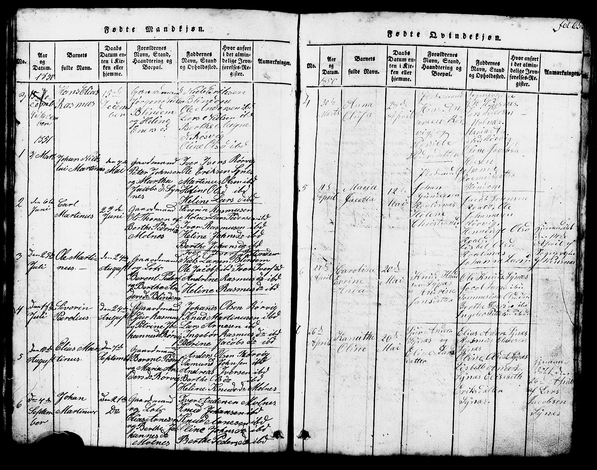 Ministerialprotokoller, klokkerbøker og fødselsregistre - Møre og Romsdal, SAT/A-1454/537/L0520: Parish register (copy) no. 537C01, 1819-1868, p. 65