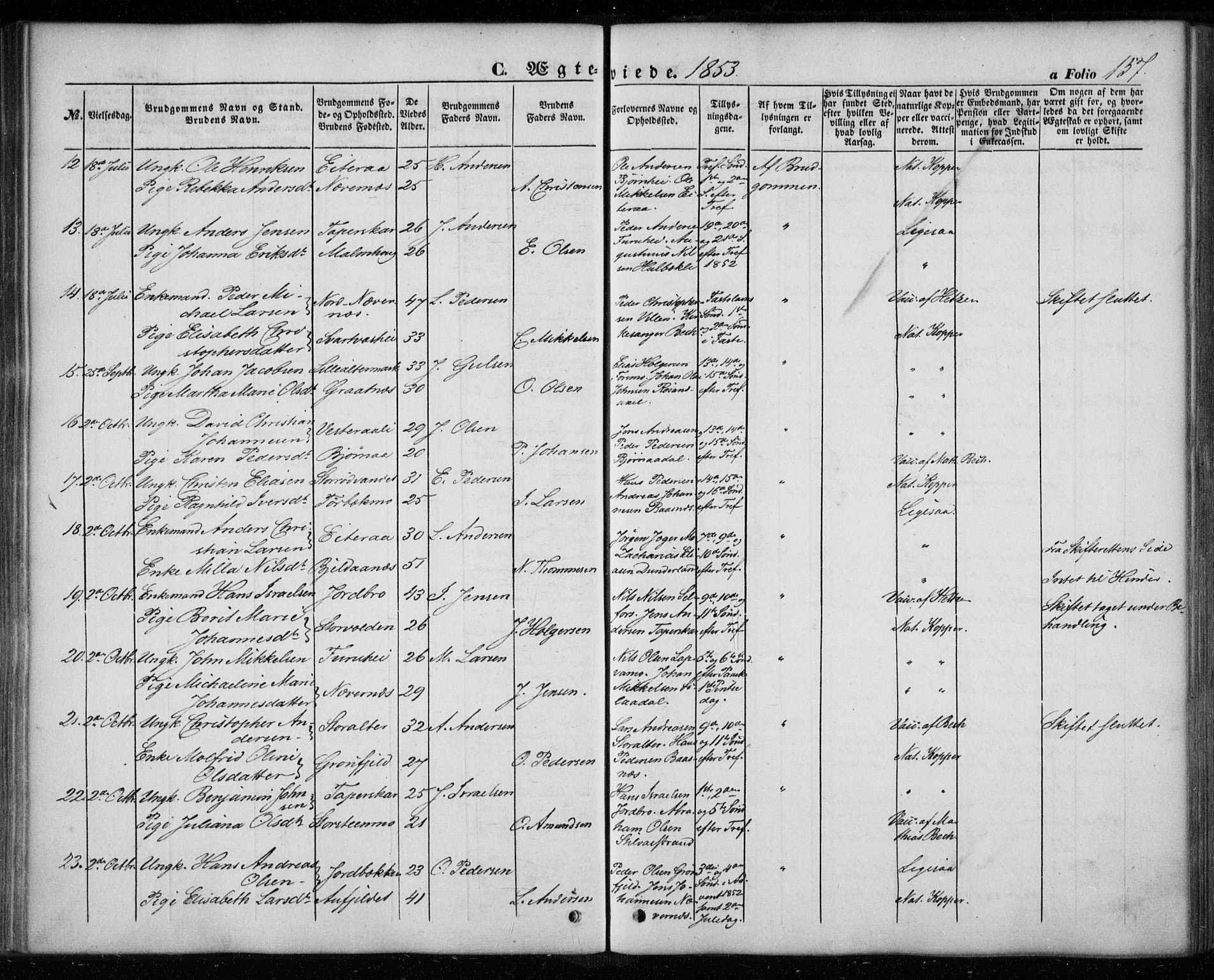 Ministerialprotokoller, klokkerbøker og fødselsregistre - Nordland, SAT/A-1459/827/L0392: Parish register (official) no. 827A04, 1853-1866, p. 157