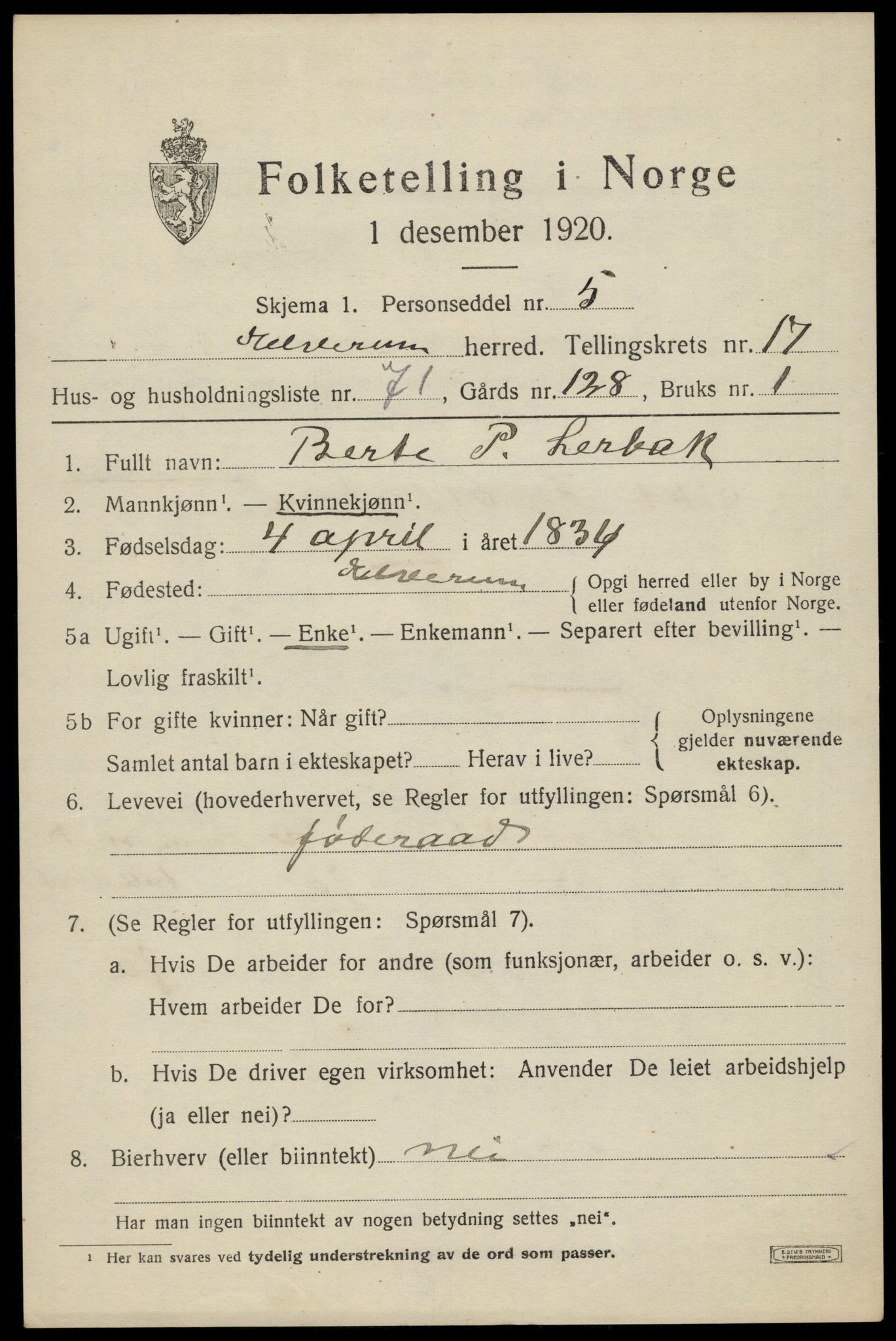 SAH, 1920 census for Elverum, 1920, p. 22084