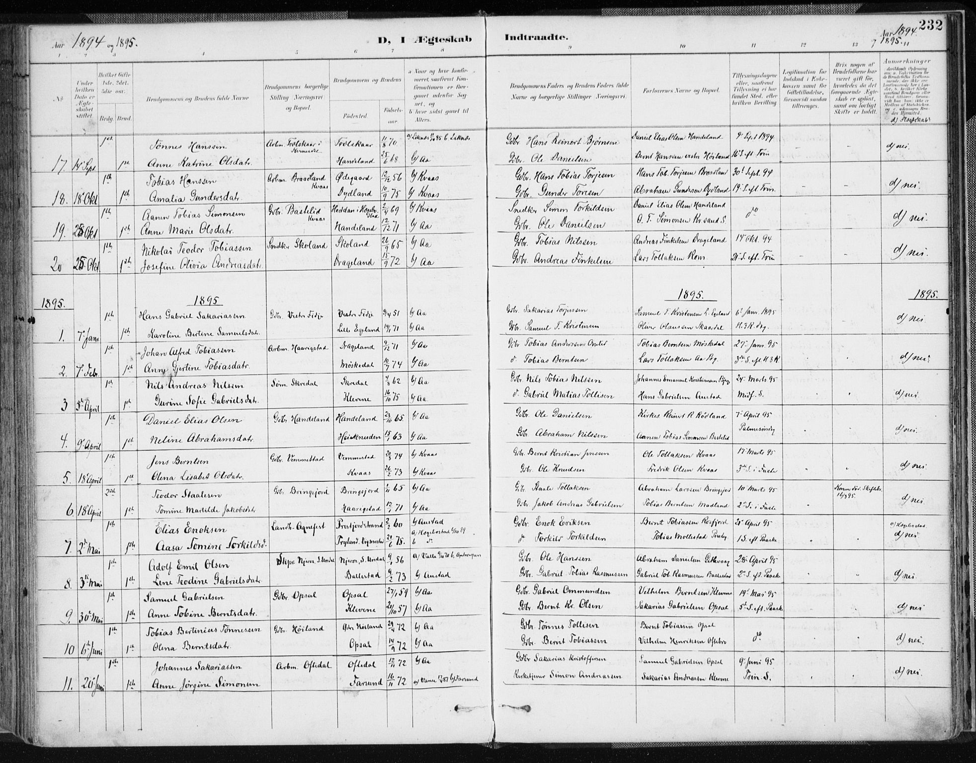 Lyngdal sokneprestkontor, SAK/1111-0029/F/Fa/Fac/L0012: Parish register (official) no. A 12, 1894-1918, p. 232