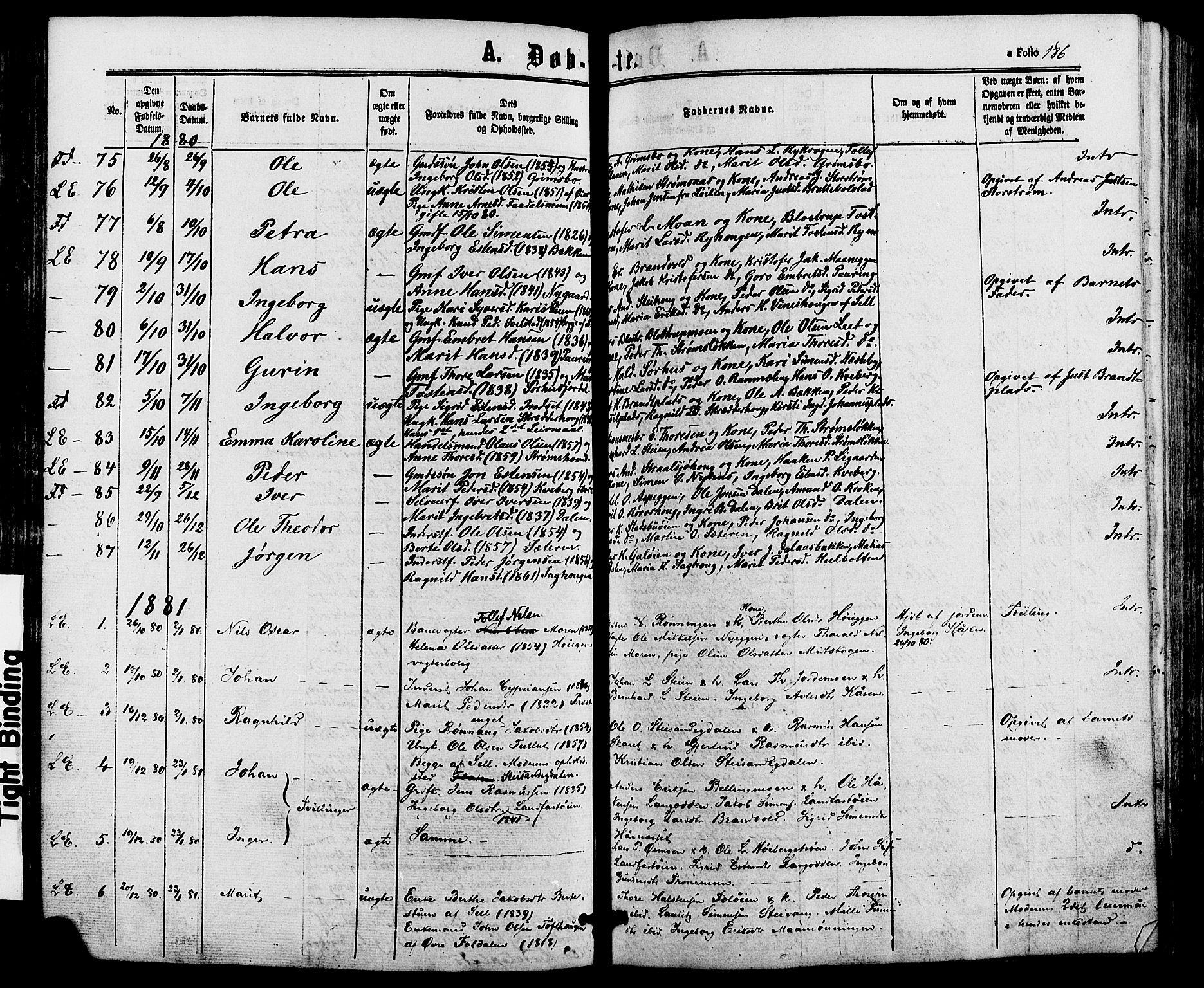 Alvdal prestekontor, SAH/PREST-060/H/Ha/Haa/L0001: Parish register (official) no. 1, 1863-1882, p. 186