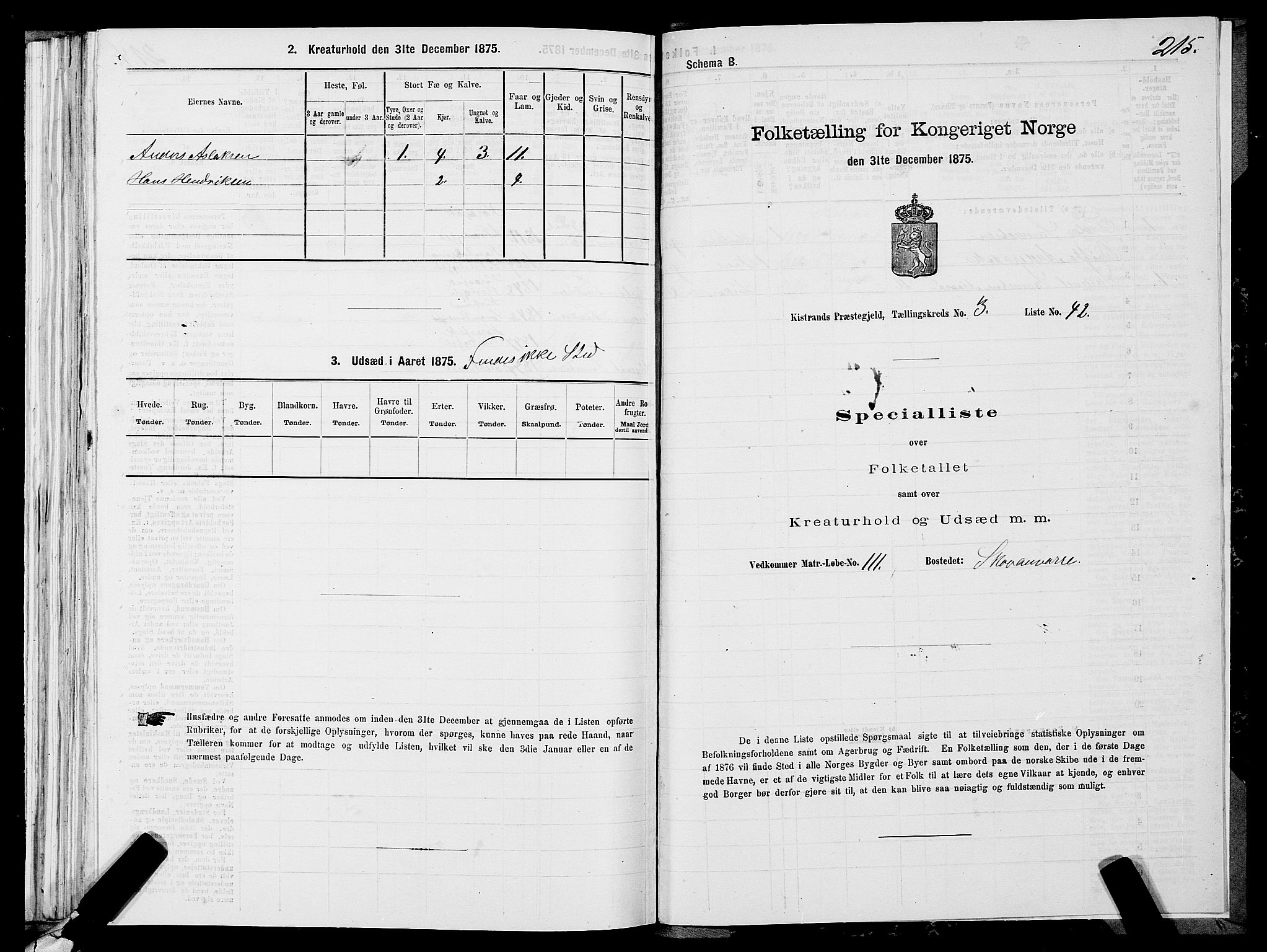 SATØ, 1875 census for 2020P Kistrand, 1875, p. 1215