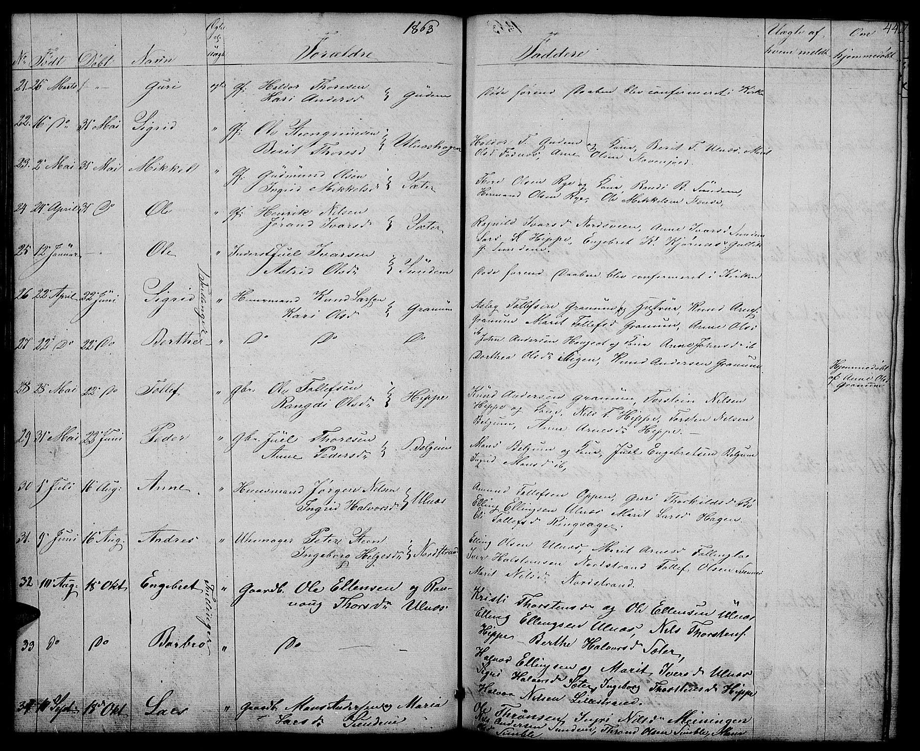 Nord-Aurdal prestekontor, SAH/PREST-132/H/Ha/Hab/L0004: Parish register (copy) no. 4, 1842-1882, p. 44