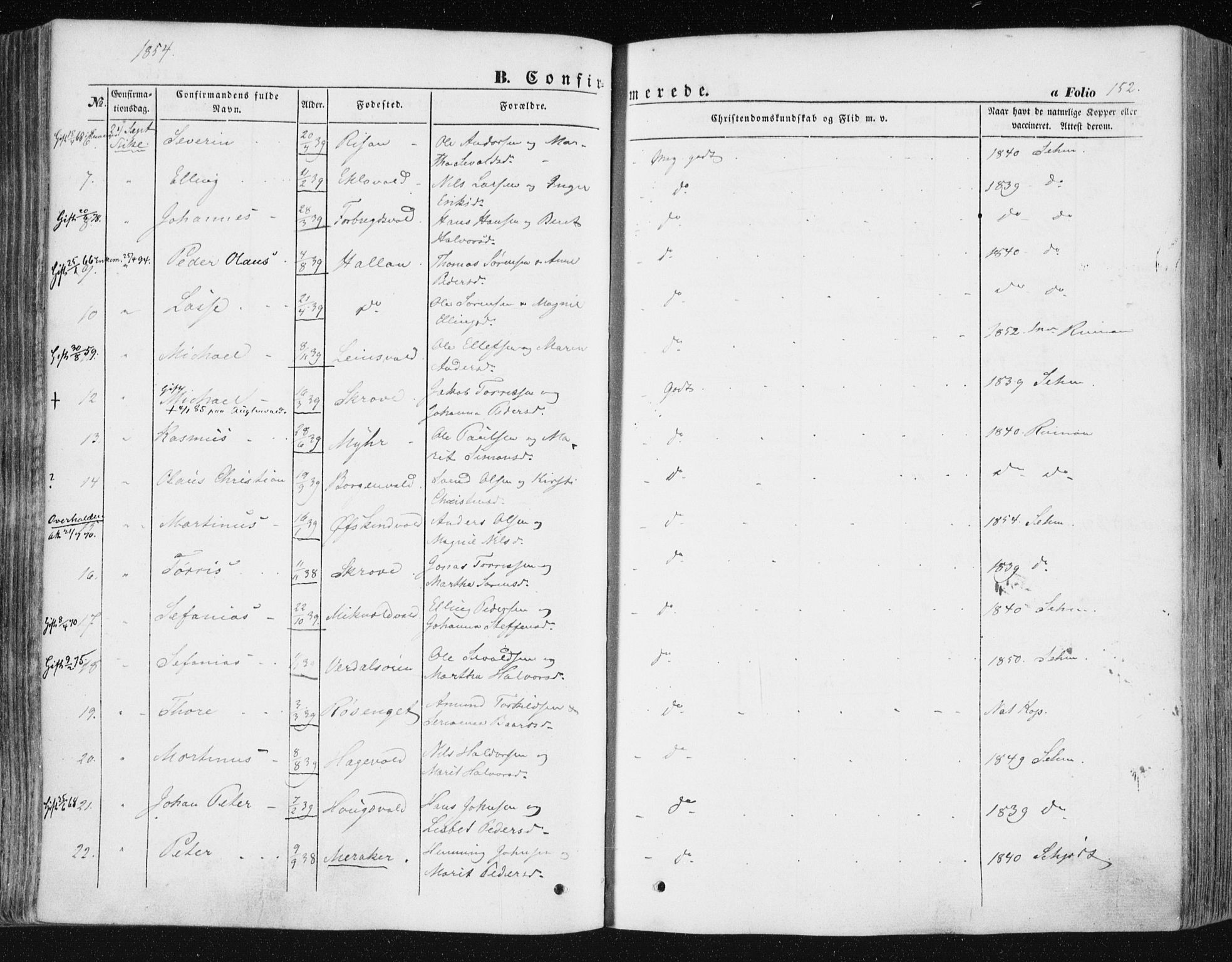 Ministerialprotokoller, klokkerbøker og fødselsregistre - Nord-Trøndelag, SAT/A-1458/723/L0240: Parish register (official) no. 723A09, 1852-1860, p. 152