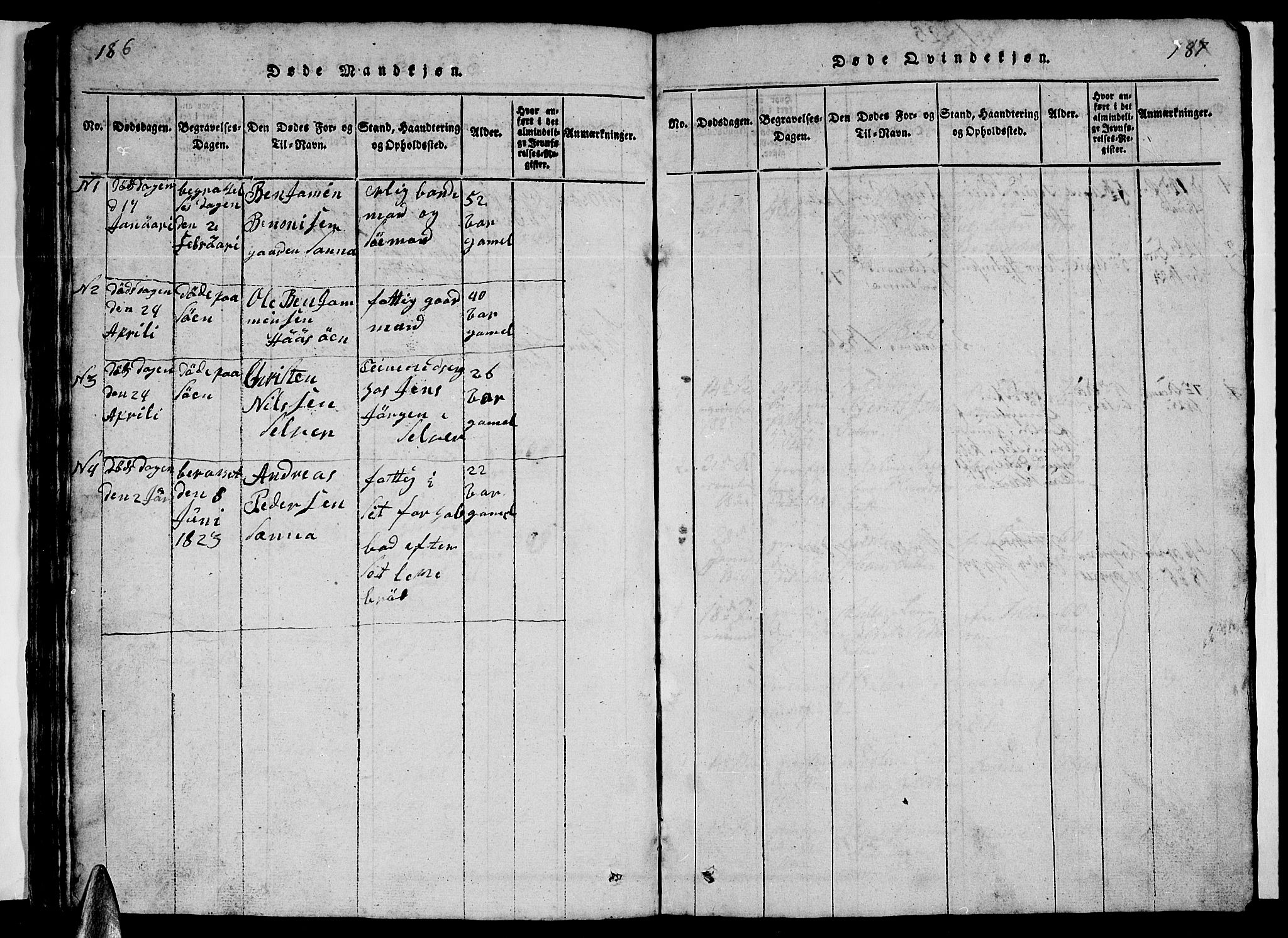 Ministerialprotokoller, klokkerbøker og fødselsregistre - Nordland, SAT/A-1459/840/L0581: Parish register (copy) no. 840C01, 1820-1873, p. 186-187