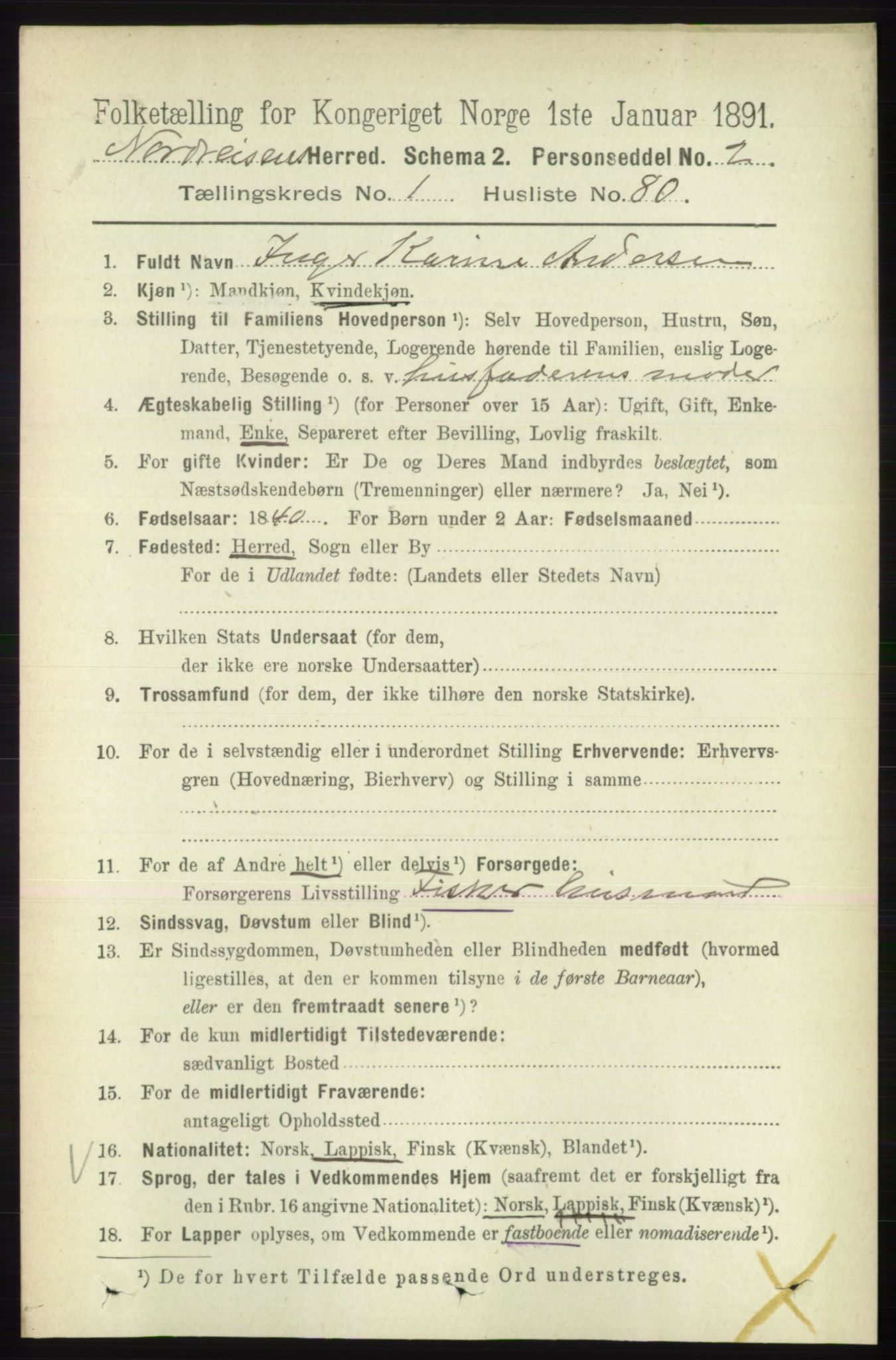 RA, 1891 census for 1942 Nordreisa, 1891, p. 611