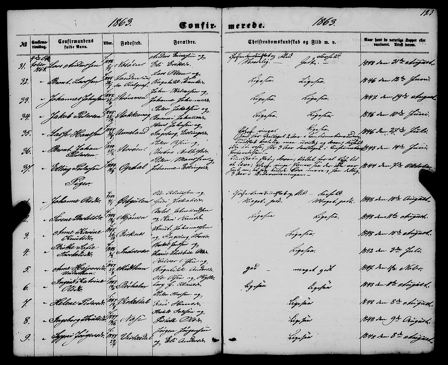 Gulen sokneprestembete, AV/SAB-A-80201/H/Haa/Haaa/L0022: Parish register (official) no. A 22, 1859-1869, p. 123