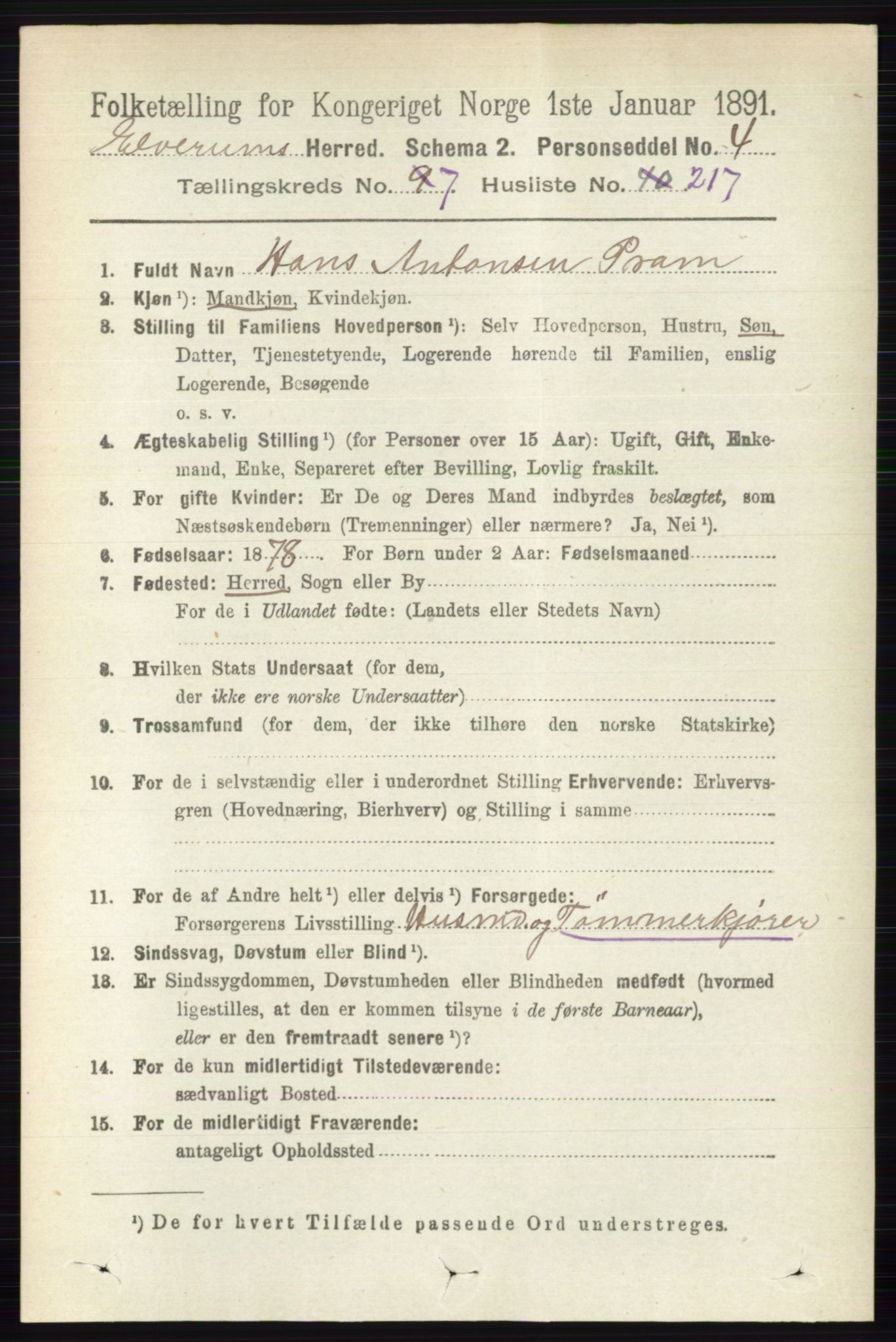 RA, 1891 census for 0427 Elverum, 1891, p. 6908