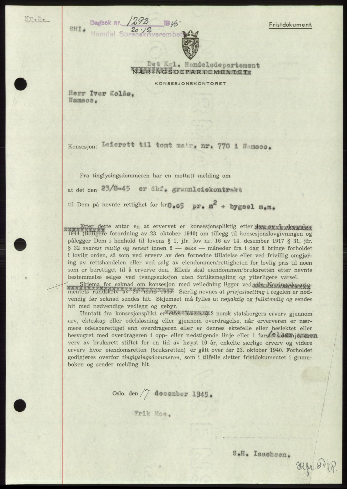Namdal sorenskriveri, SAT/A-4133/1/2/2C: Mortgage book no. -, 1944-1945, Diary no: : 1293/1945
