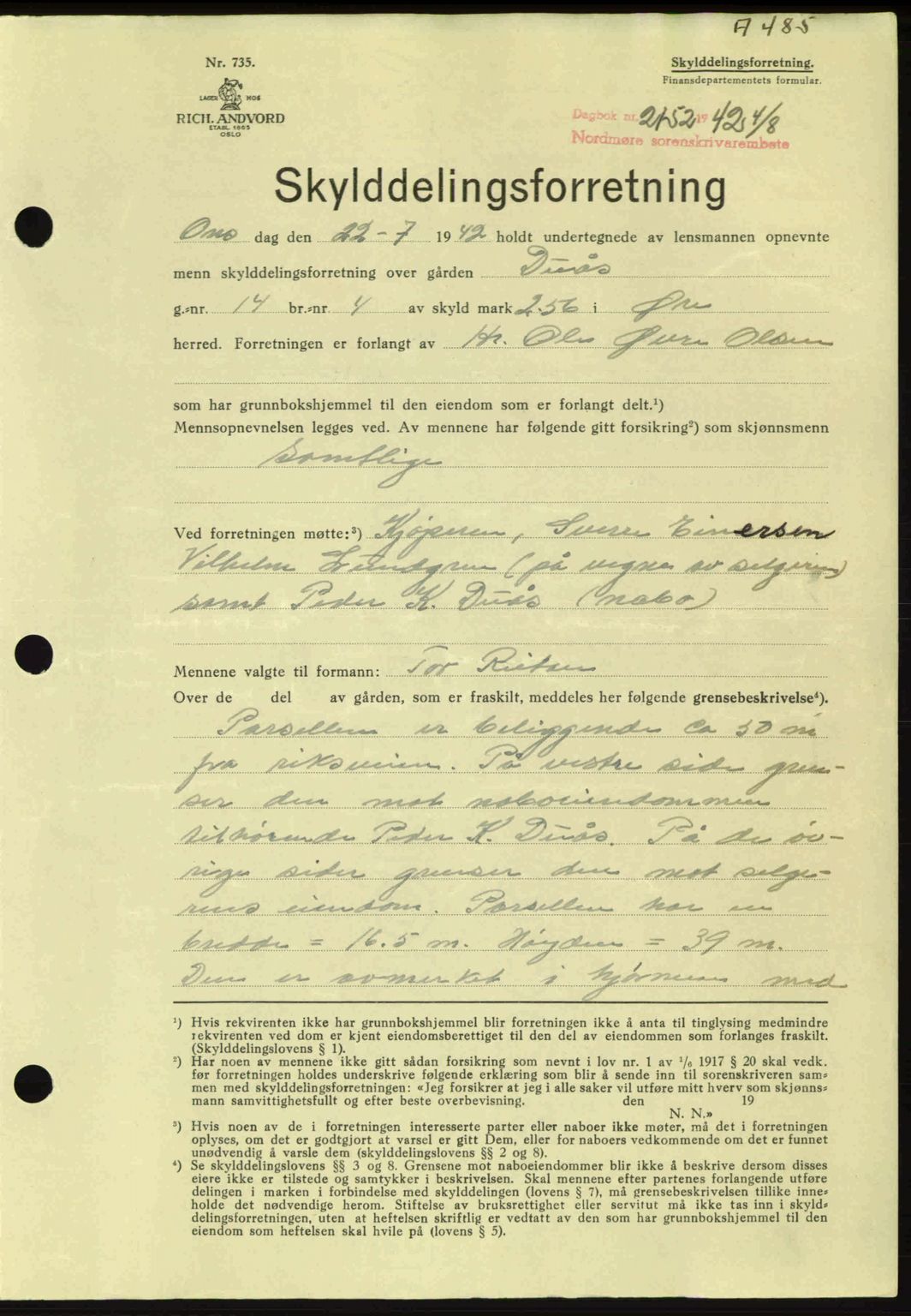 Nordmøre sorenskriveri, AV/SAT-A-4132/1/2/2Ca: Mortgage book no. A93, 1942-1942, Diary no: : 2152/1942