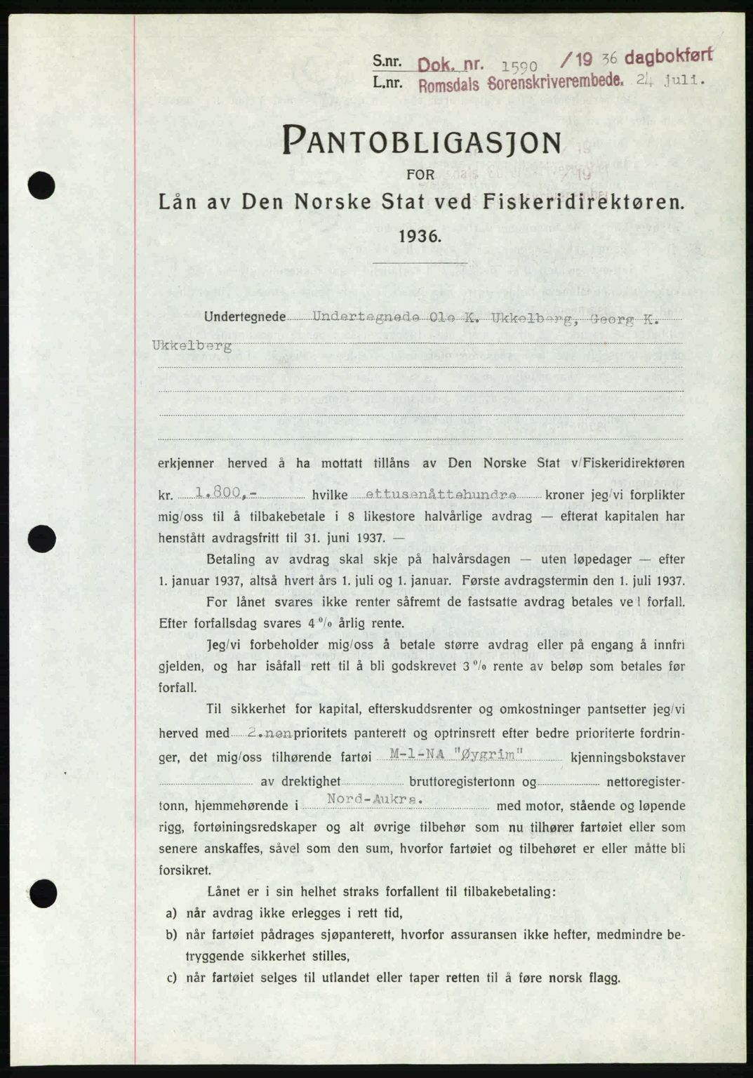 Romsdal sorenskriveri, SAT/A-4149/1/2/2C: Mortgage book no. B1, 1936-1939, Diary no: : 1590/1936