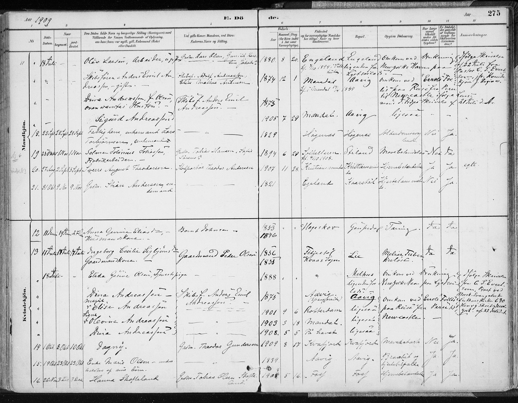 Sør-Audnedal sokneprestkontor, AV/SAK-1111-0039/F/Fa/Fab/L0010: Parish register (official) no. A 10, 1892-1913, p. 275