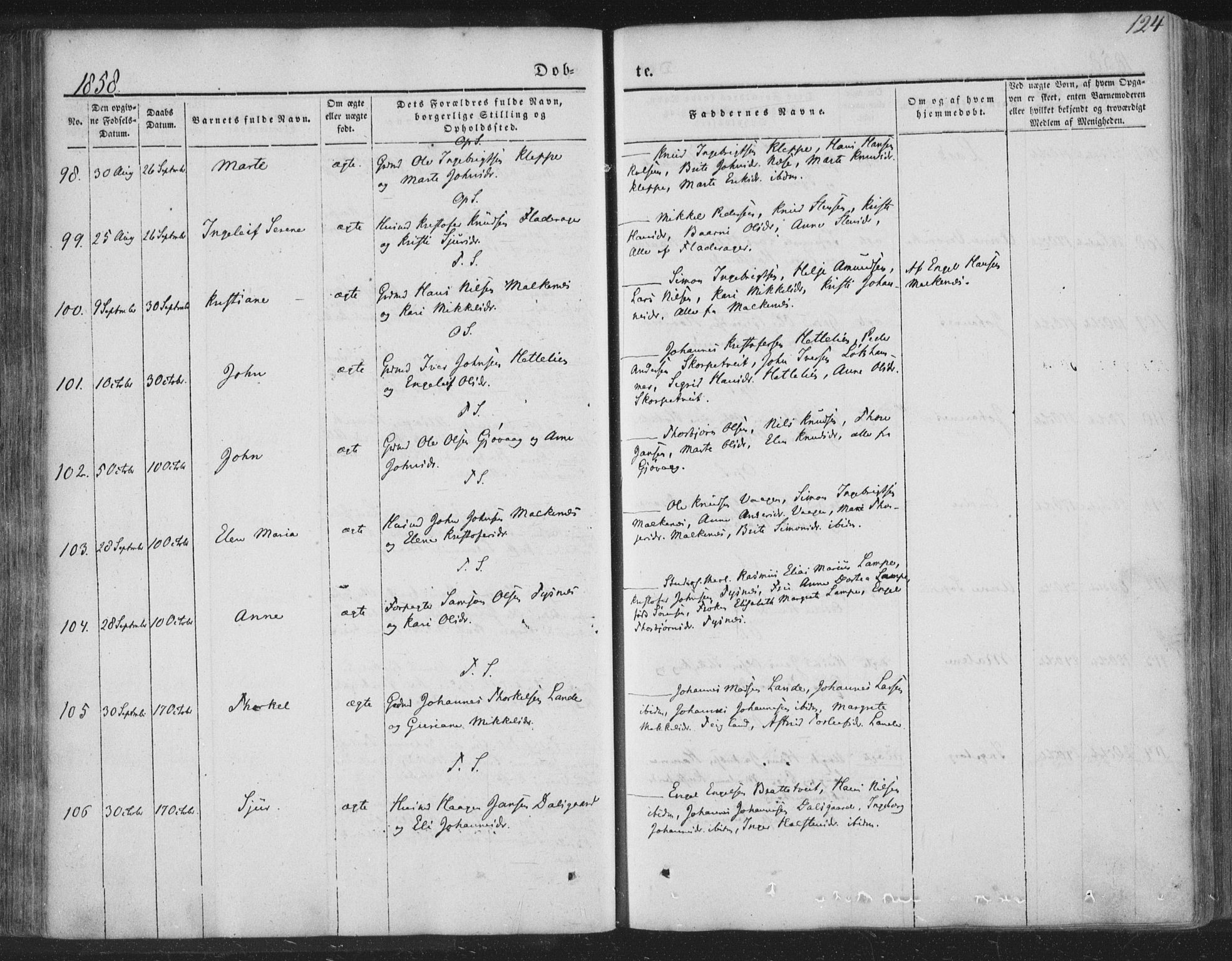 Tysnes sokneprestembete, AV/SAB-A-78601/H/Haa: Parish register (official) no. A 10, 1848-1859, p. 124