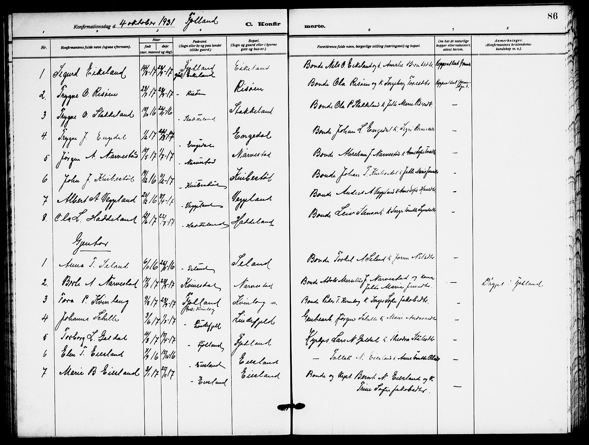 Fjotland sokneprestkontor, AV/SAK-1111-0010/F/Fb/L0004: Parish register (copy) no. B 4, 1925-1941, p. 86