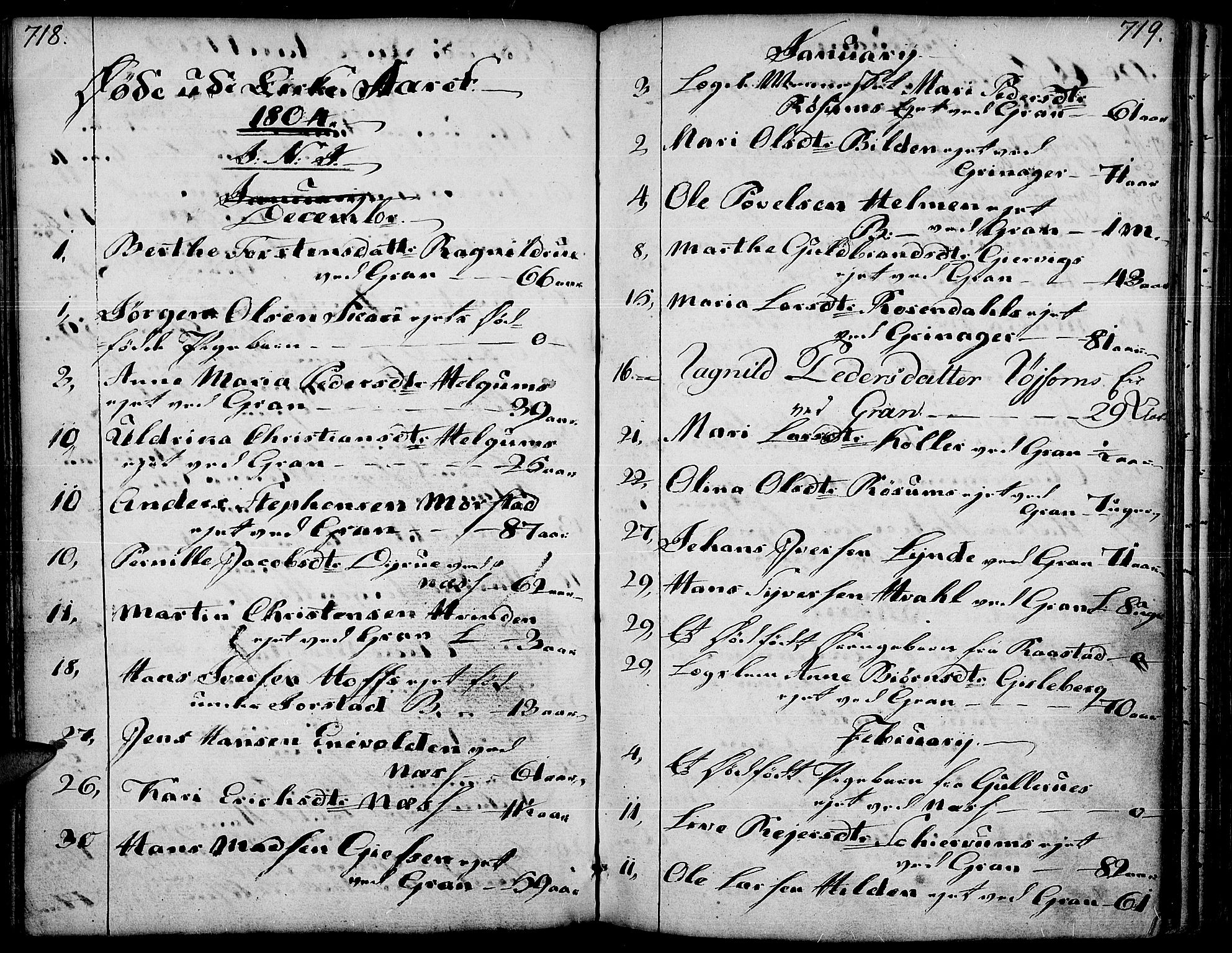 Gran prestekontor, SAH/PREST-112/H/Ha/Haa/L0006: Parish register (official) no. 6, 1787-1824, p. 718-719