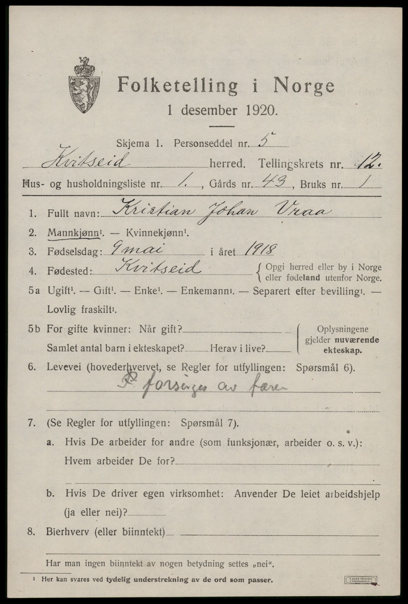 SAKO, 1920 census for Kviteseid, 1920, p. 5925