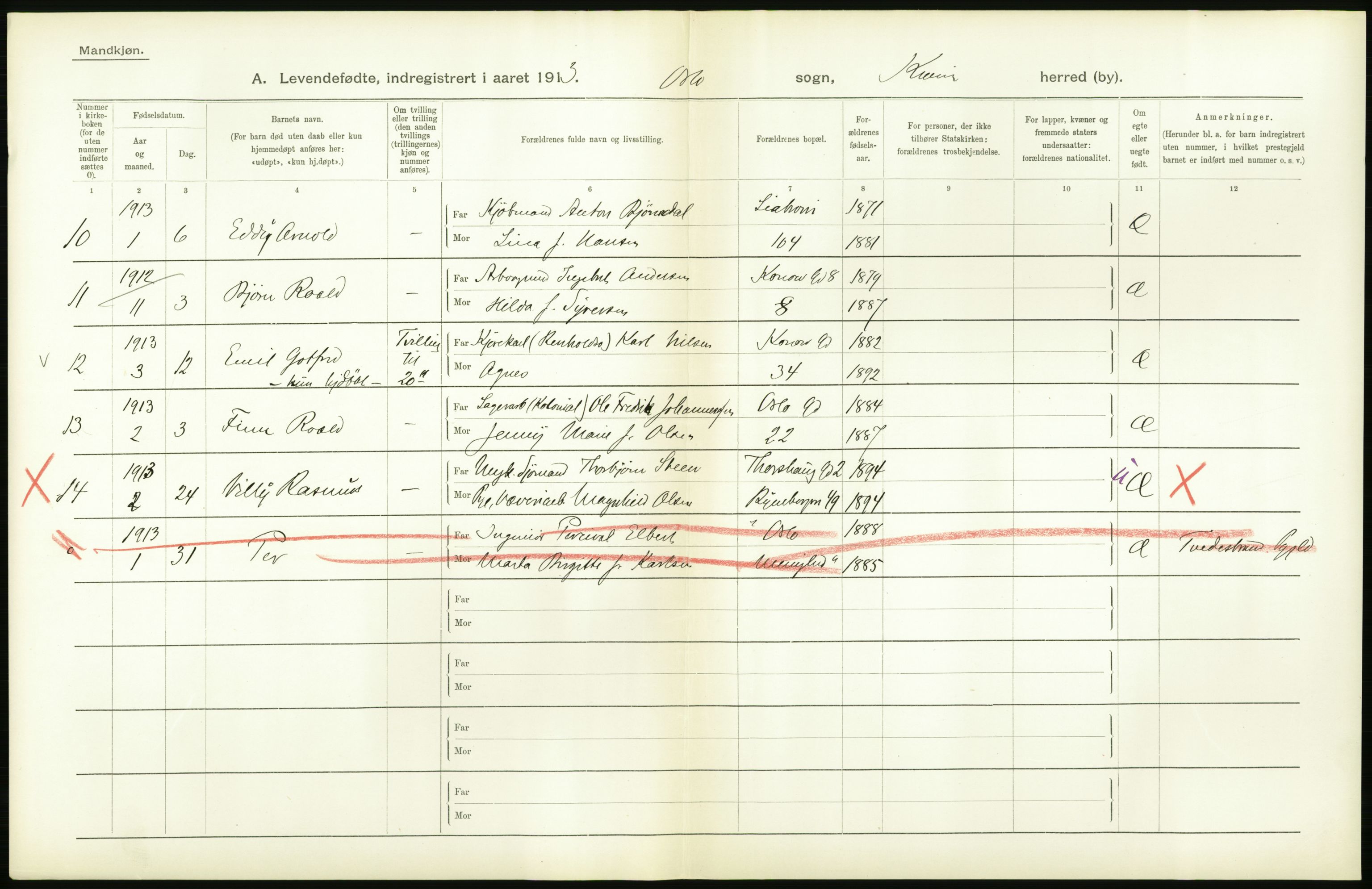 Statistisk sentralbyrå, Sosiodemografiske emner, Befolkning, AV/RA-S-2228/D/Df/Dfb/Dfbc/L0007: Kristiania: Levendefødte menn og kvinner., 1913, p. 812