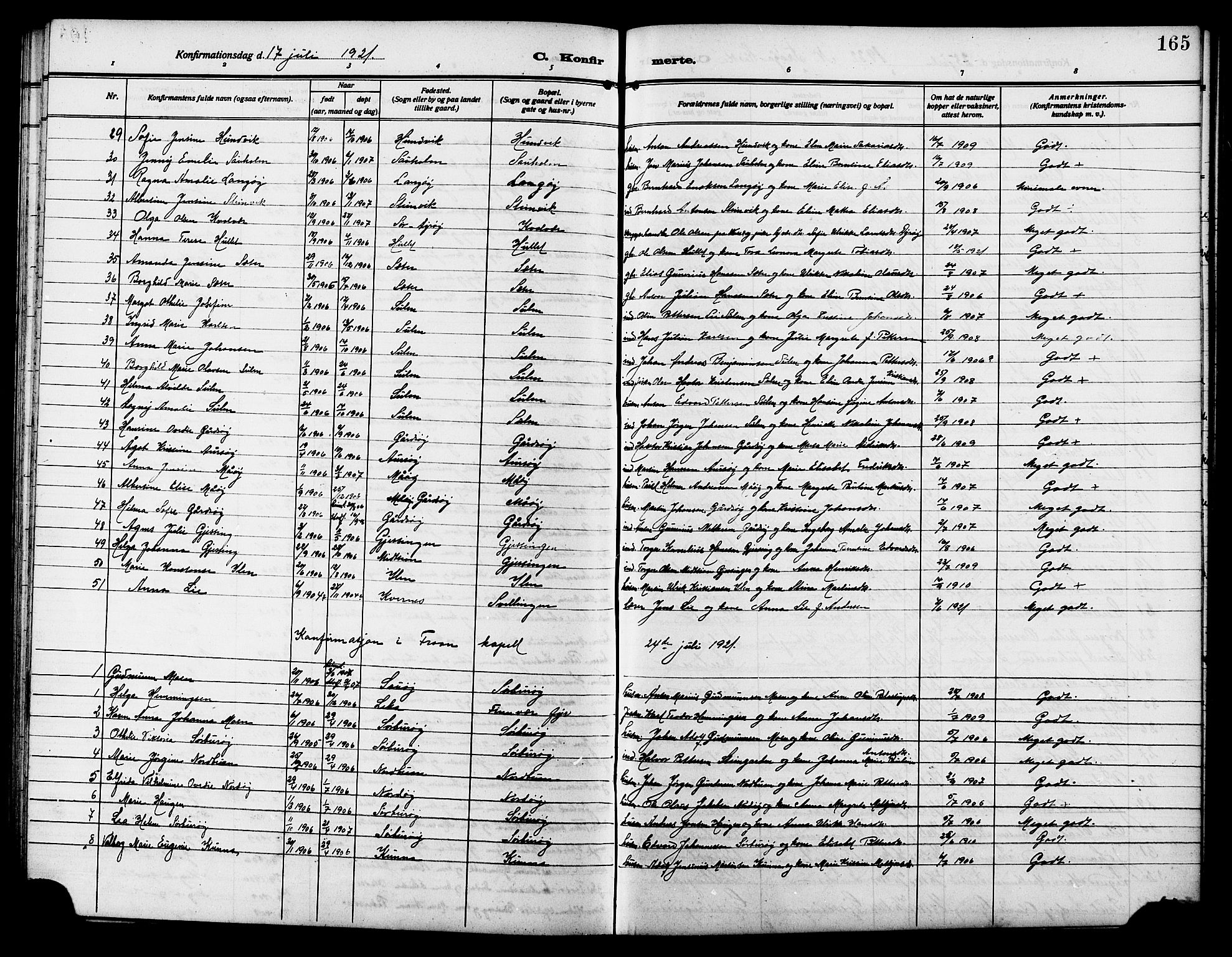 Ministerialprotokoller, klokkerbøker og fødselsregistre - Sør-Trøndelag, SAT/A-1456/640/L0588: Parish register (copy) no. 640C05, 1909-1922, p. 165