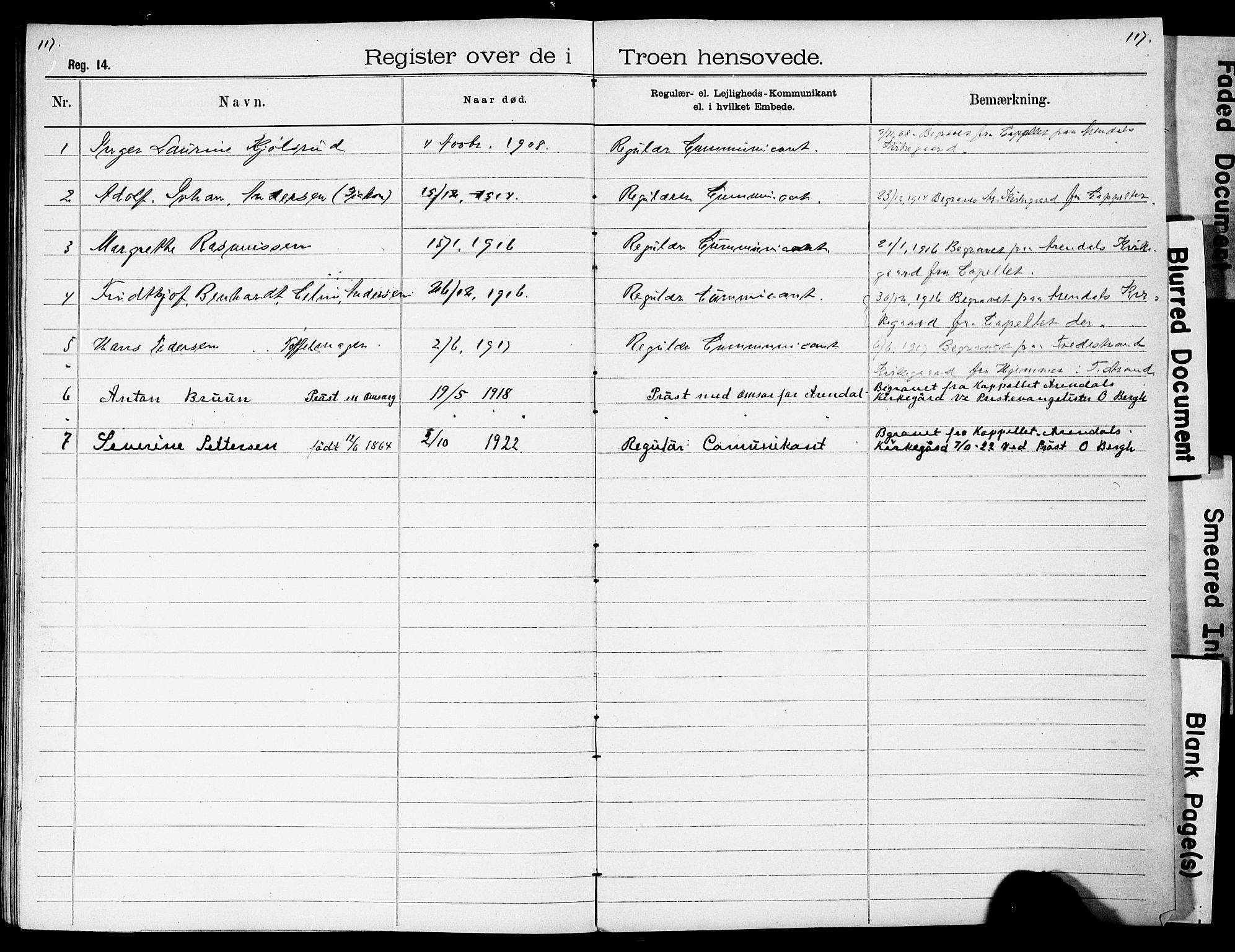 Den katolsk-apostoliske menighet, Arendal, SAK/1292-0009/F/Fa/L0001: Dissenter register no. F 8, 1889-1928, p. 117