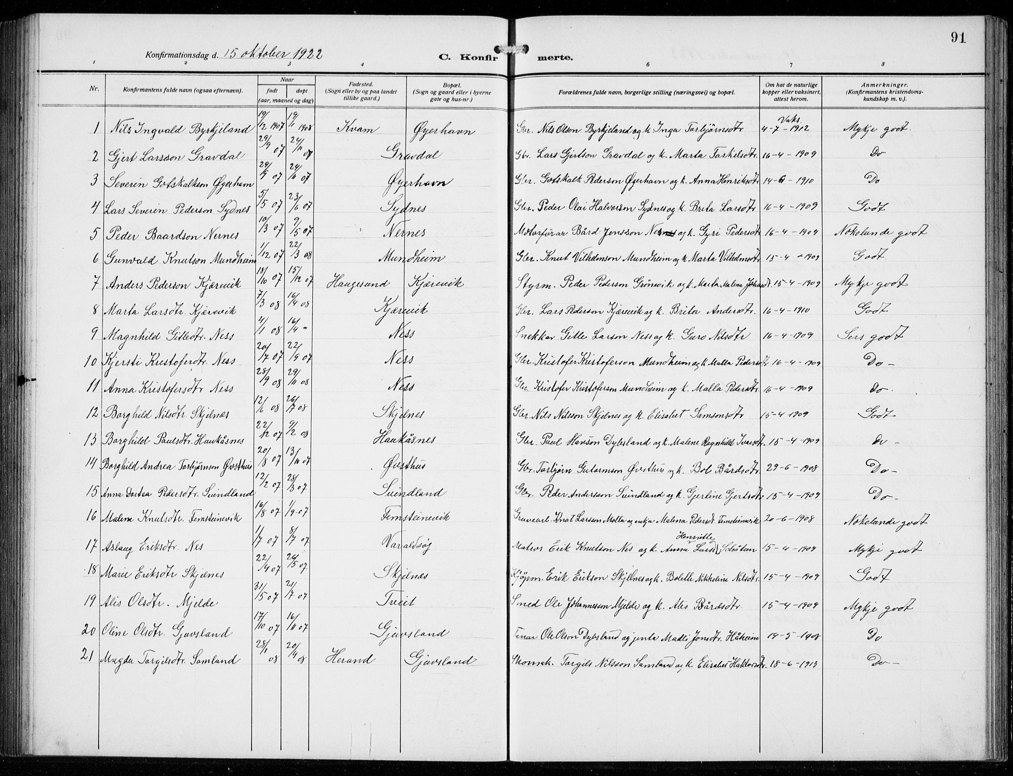 Strandebarm sokneprestembete, AV/SAB-A-78401/H/Hab: Parish register (copy) no. C  2, 1914-1935, p. 91