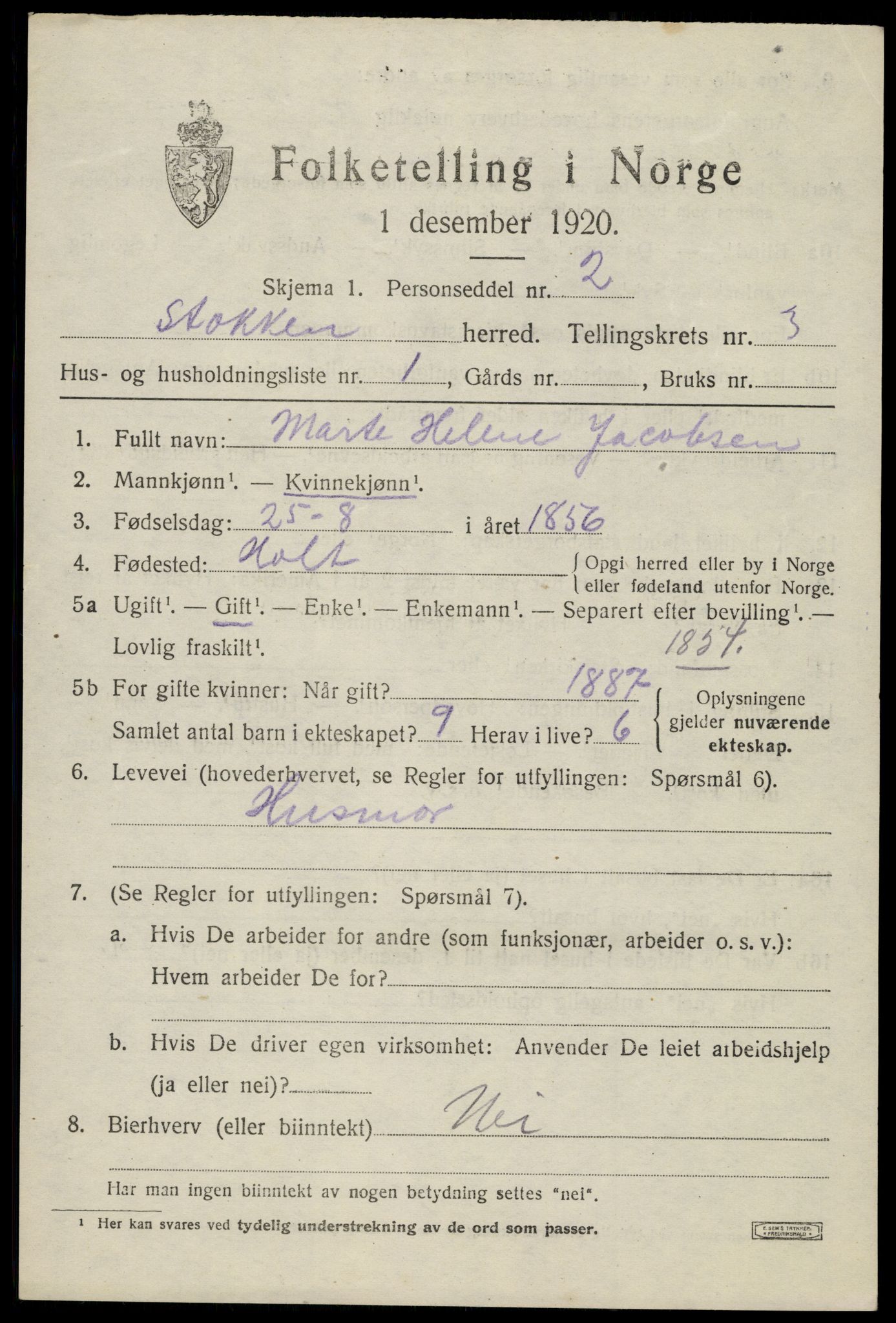 SAK, 1920 census for Stokken, 1920, p. 1966