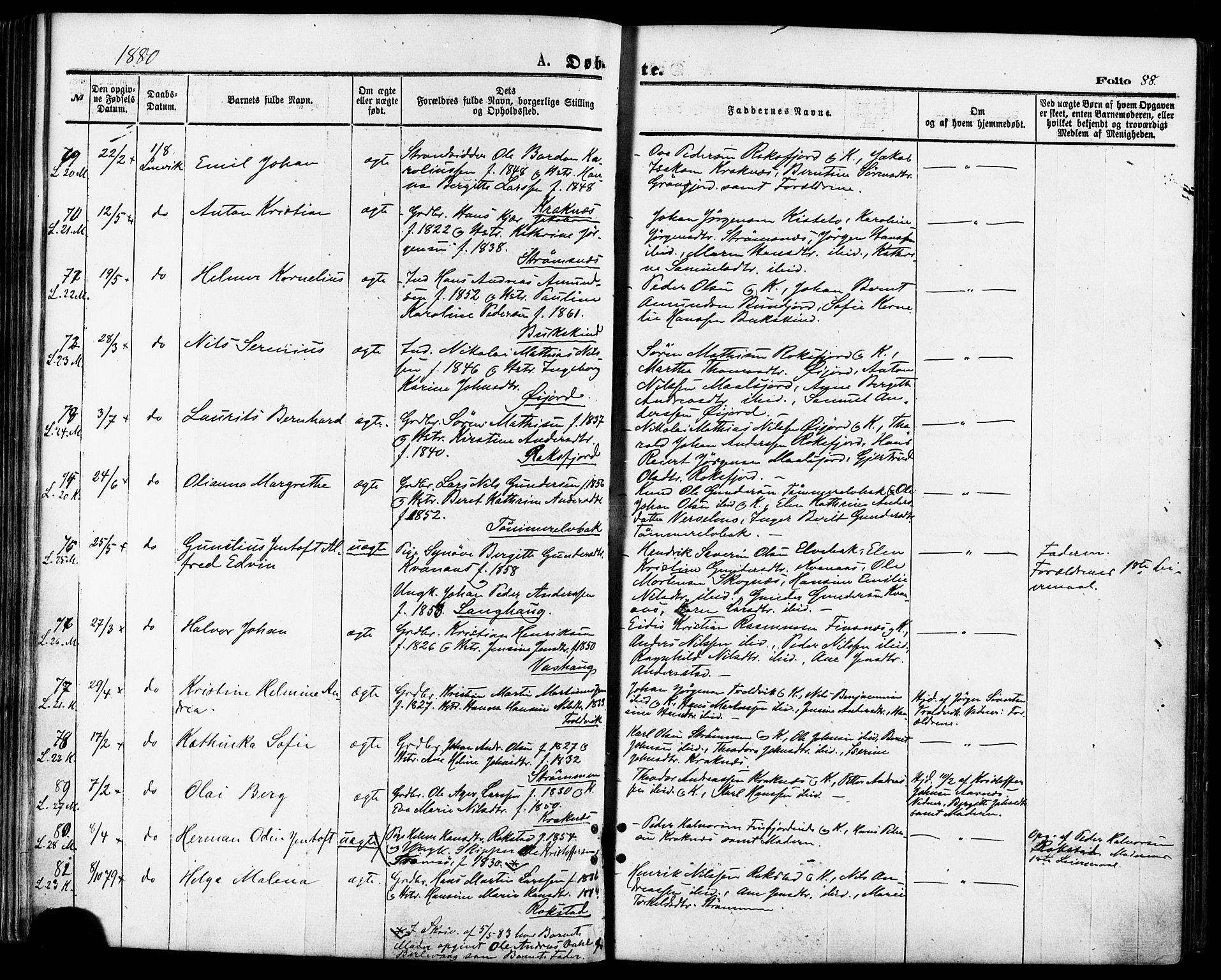 Lenvik sokneprestembete, AV/SATØ-S-1310/H/Ha/Haa/L0010kirke: Parish register (official) no. 10, 1873-1880, p. 88
