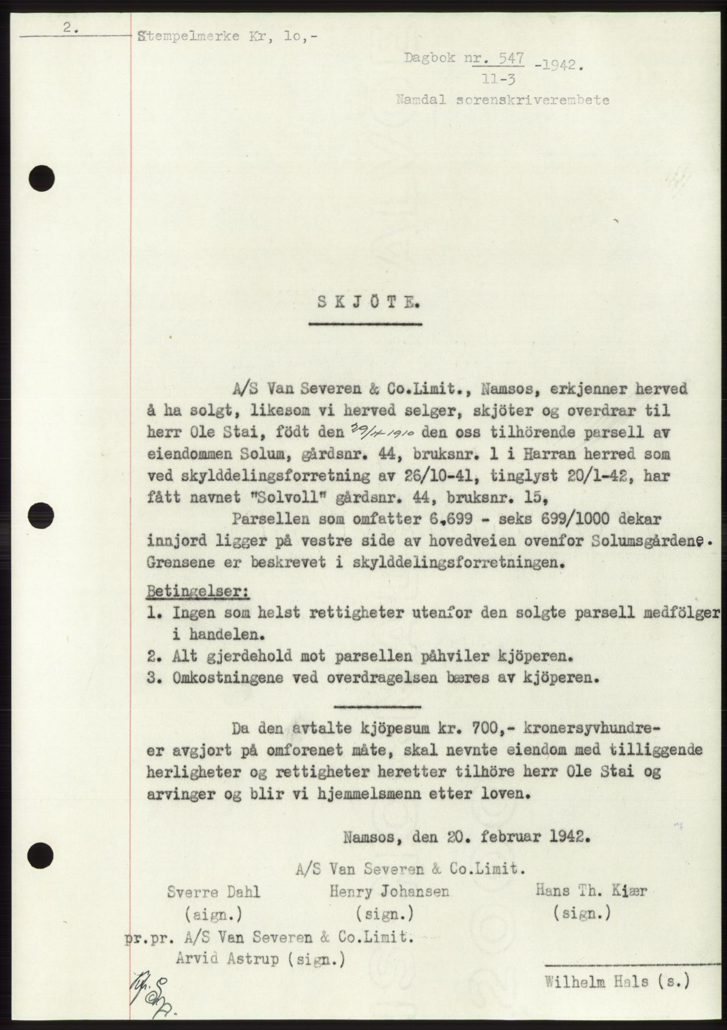 Namdal sorenskriveri, SAT/A-4133/1/2/2C: Mortgage book no. -, 1941-1942, Diary no: : 547/1942