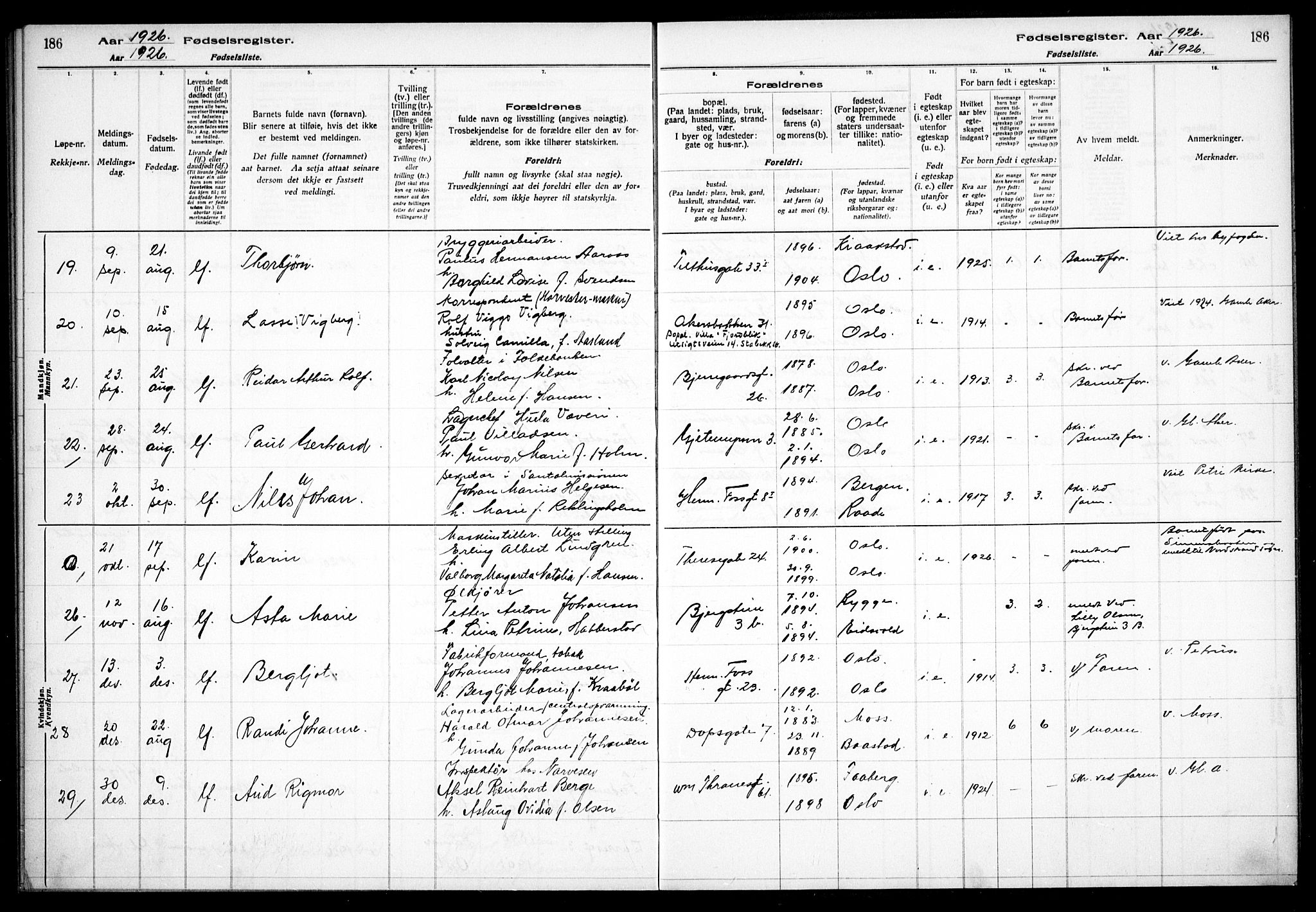 Gamle Aker prestekontor Kirkebøker, AV/SAO-A-10617a/J/L0001: Birth register no. 1, 1916-1927, p. 186