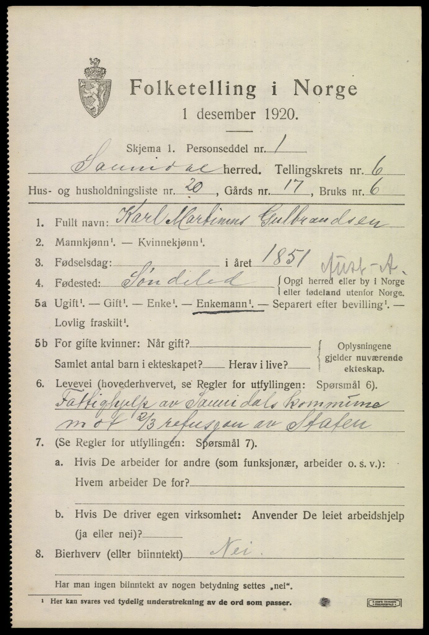 SAKO, 1920 census for Sannidal, 1920, p. 4911