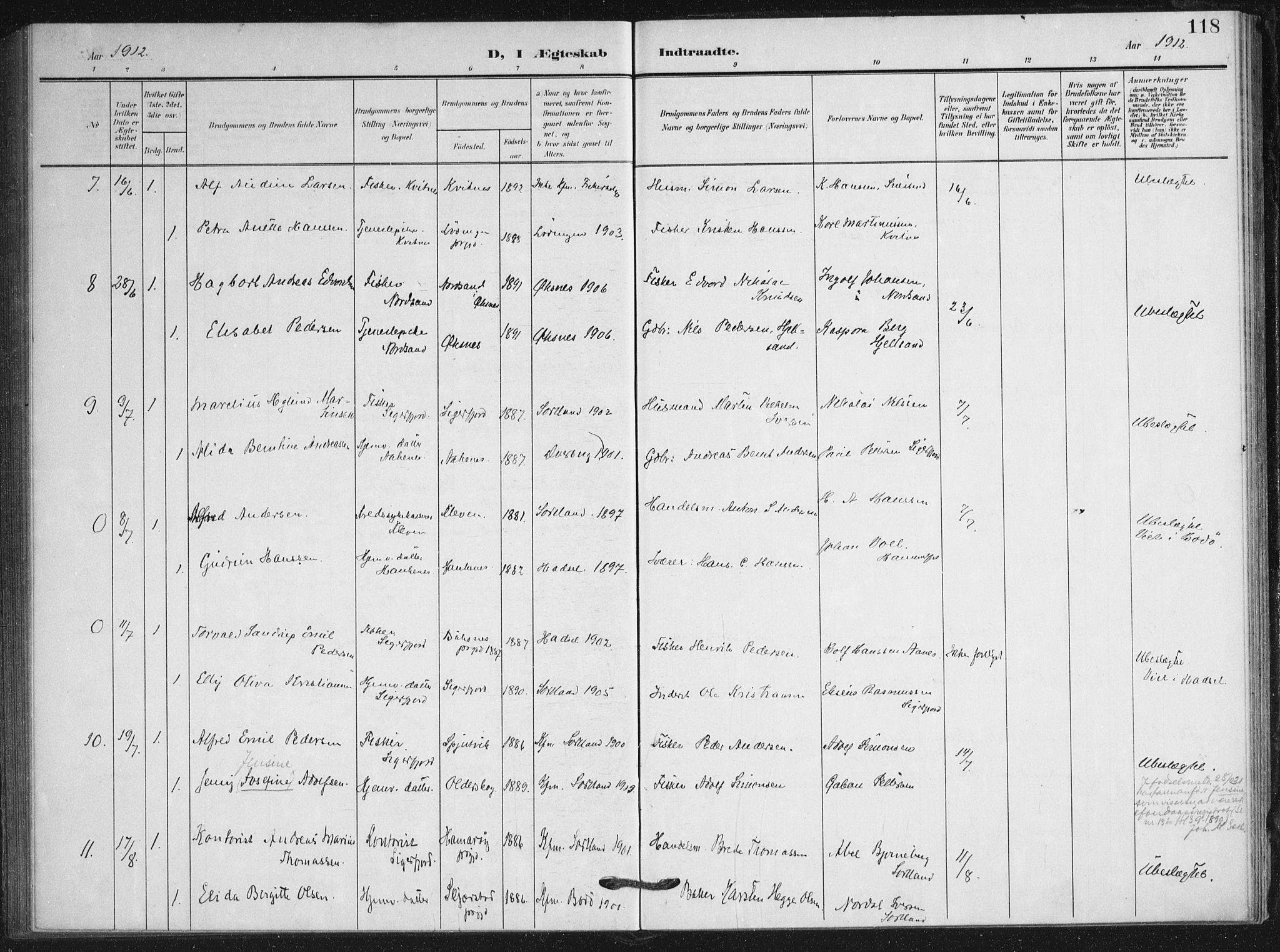 Ministerialprotokoller, klokkerbøker og fødselsregistre - Nordland, AV/SAT-A-1459/895/L1373: Parish register (official) no. 895A08, 1905-1915, p. 118