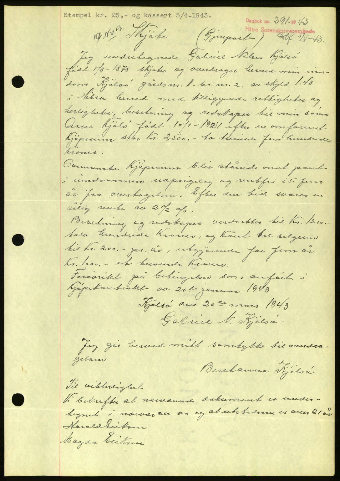 Hitra sorenskriveri, AV/SAT-A-0018/2/2C/2Ca: Mortgage book no. A2, 1943-1945, Diary no: : 291/1943