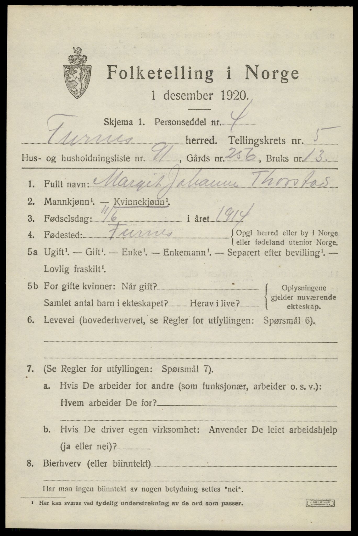 SAH, 1920 census for Furnes, 1920, p. 8155