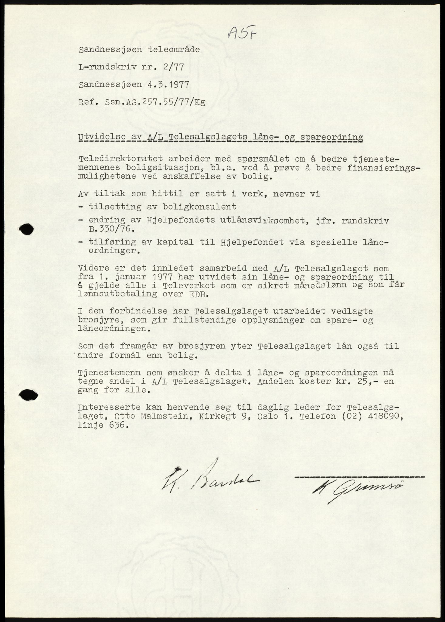 Televerket, Sandnessjøen teleområde, AV/SAT-A-5303/F/L0056: Lokale rundskriv (L-rundskriv), 1977-1995, p. 1