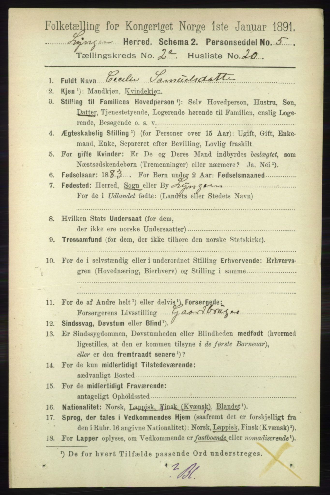 RA, 1891 census for 1938 Lyngen, 1891, p. 2134